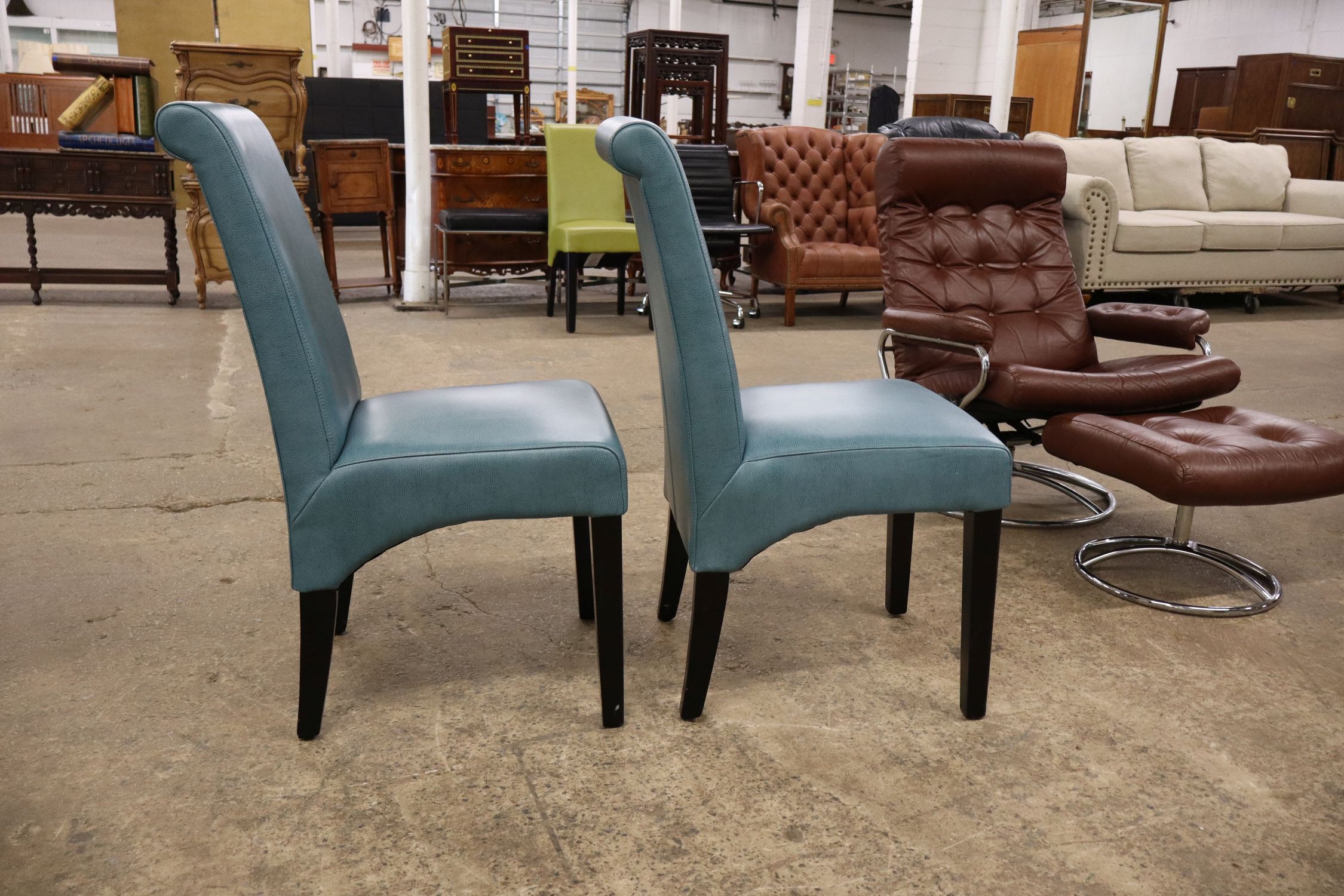 Pr Modern Blue Leather Dining Side Chairs