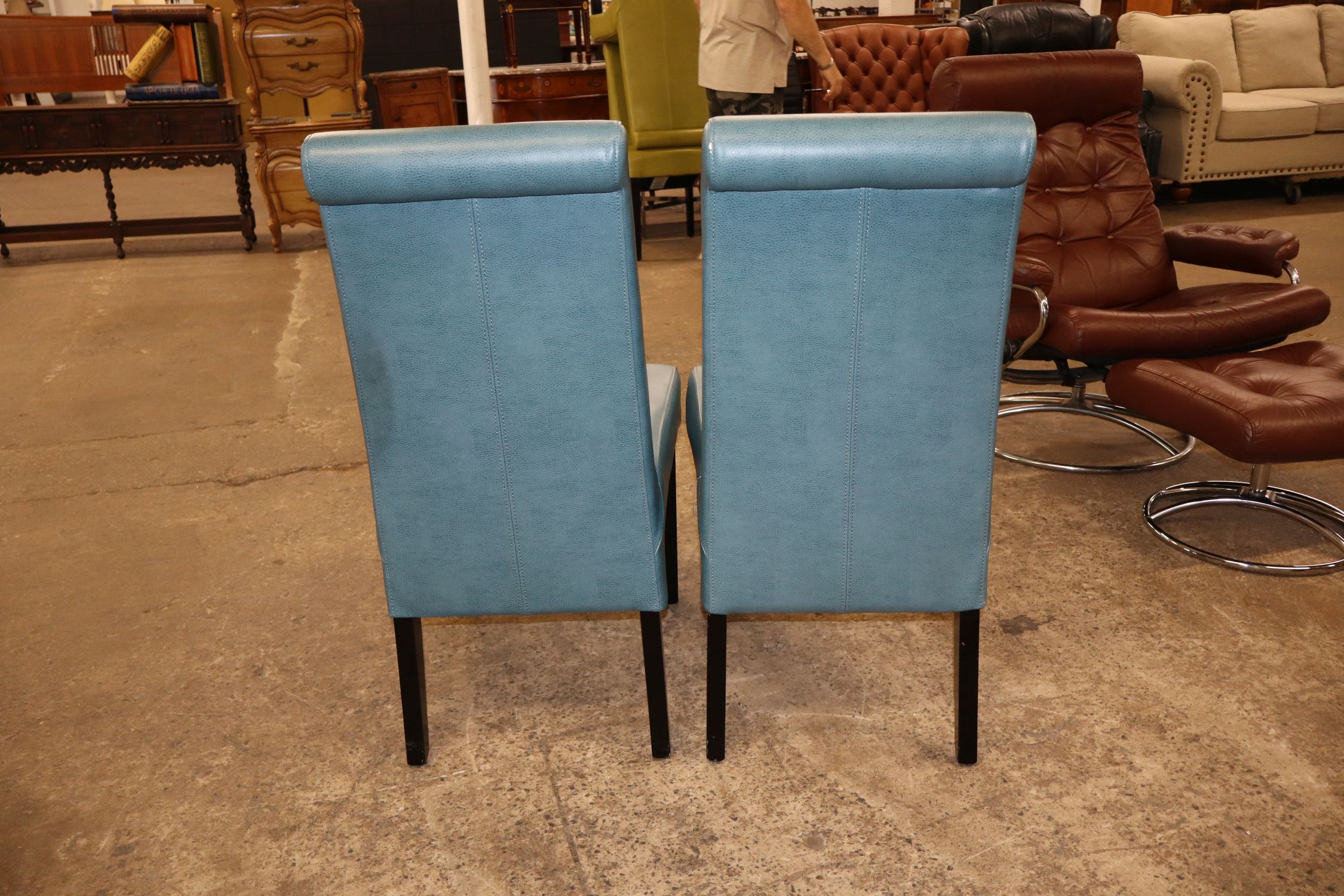 Pr Modern Blue Leather Dining Side Chairs