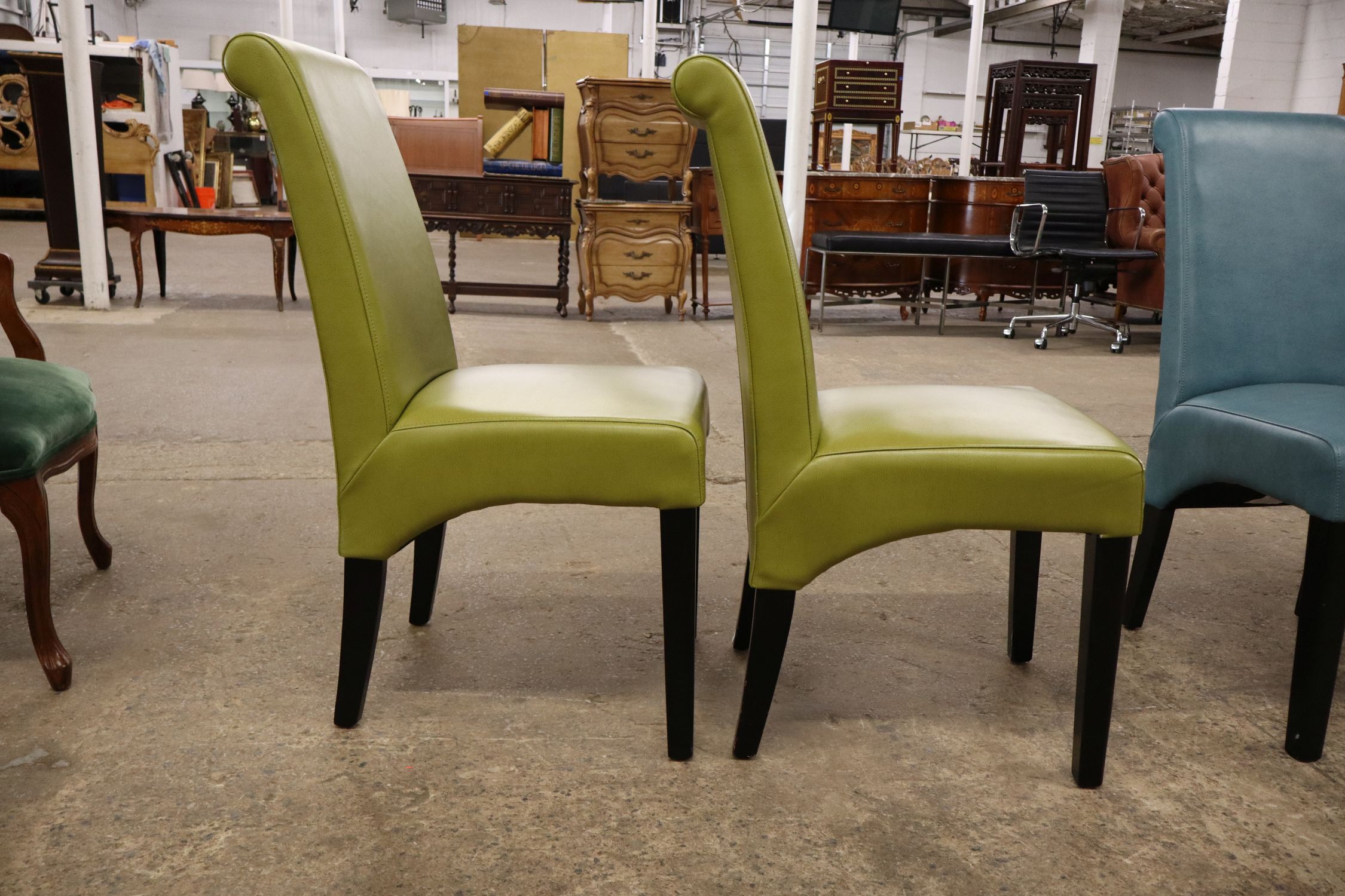 Pr Modern Green Leather Dining Side Chairs