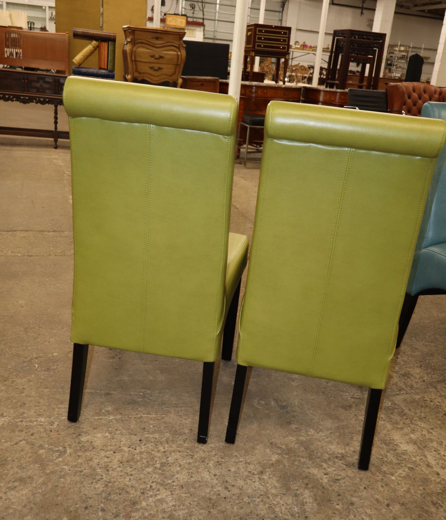Pr Modern Green Leather Dining Side Chairs