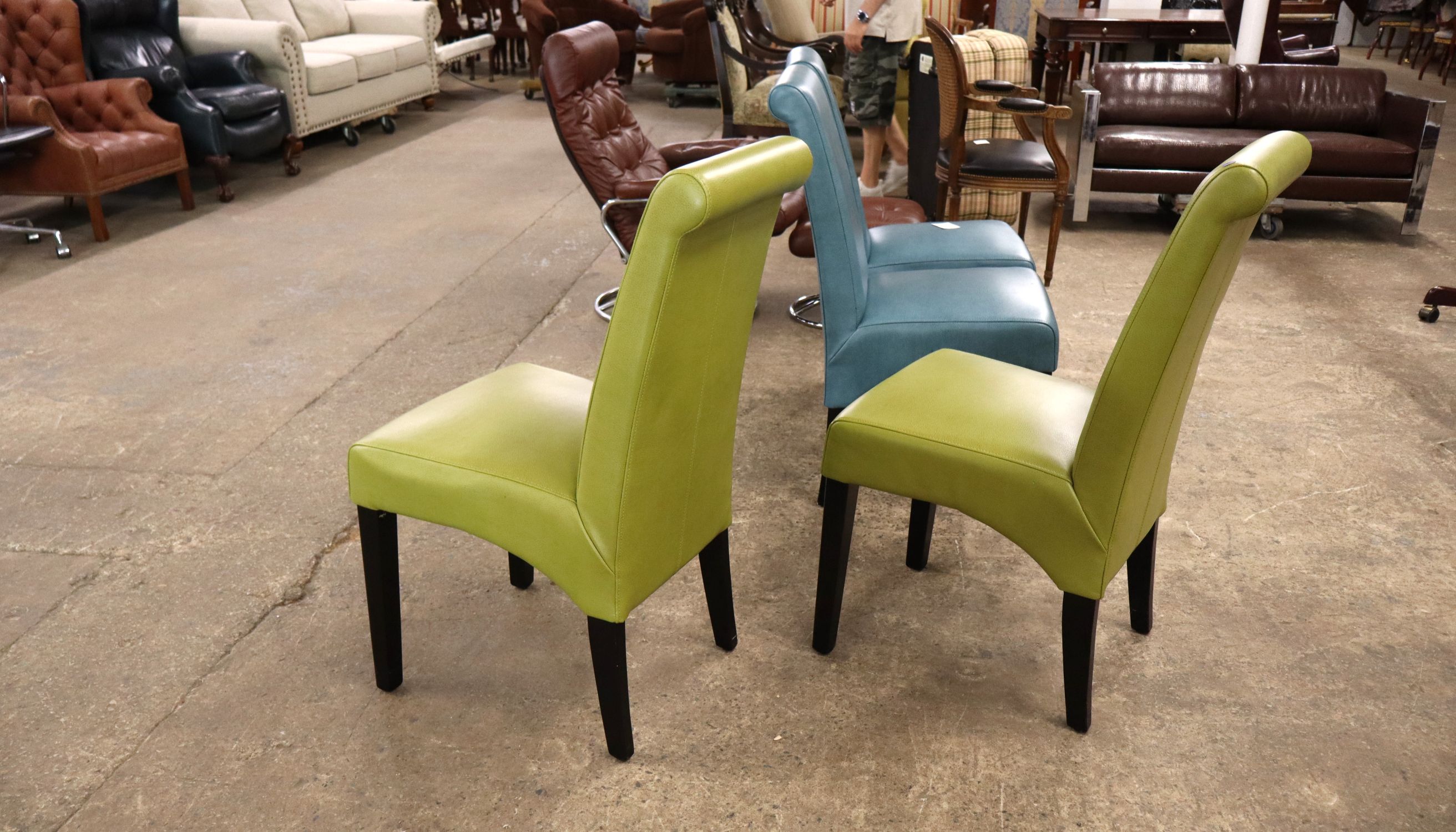 Pr Modern Green Leather Dining Side Chairs