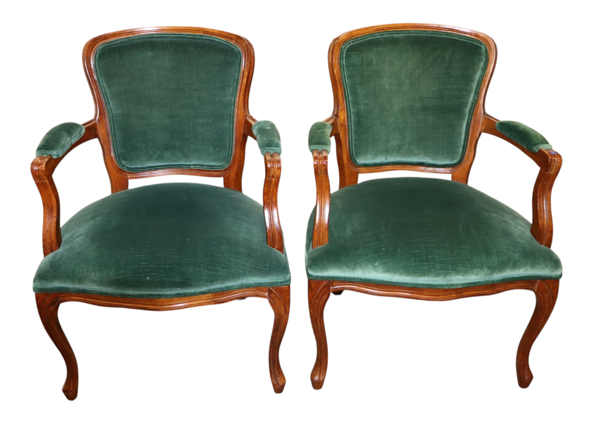 Pr Vtg FR Walnut Green Velour Arm Chairs