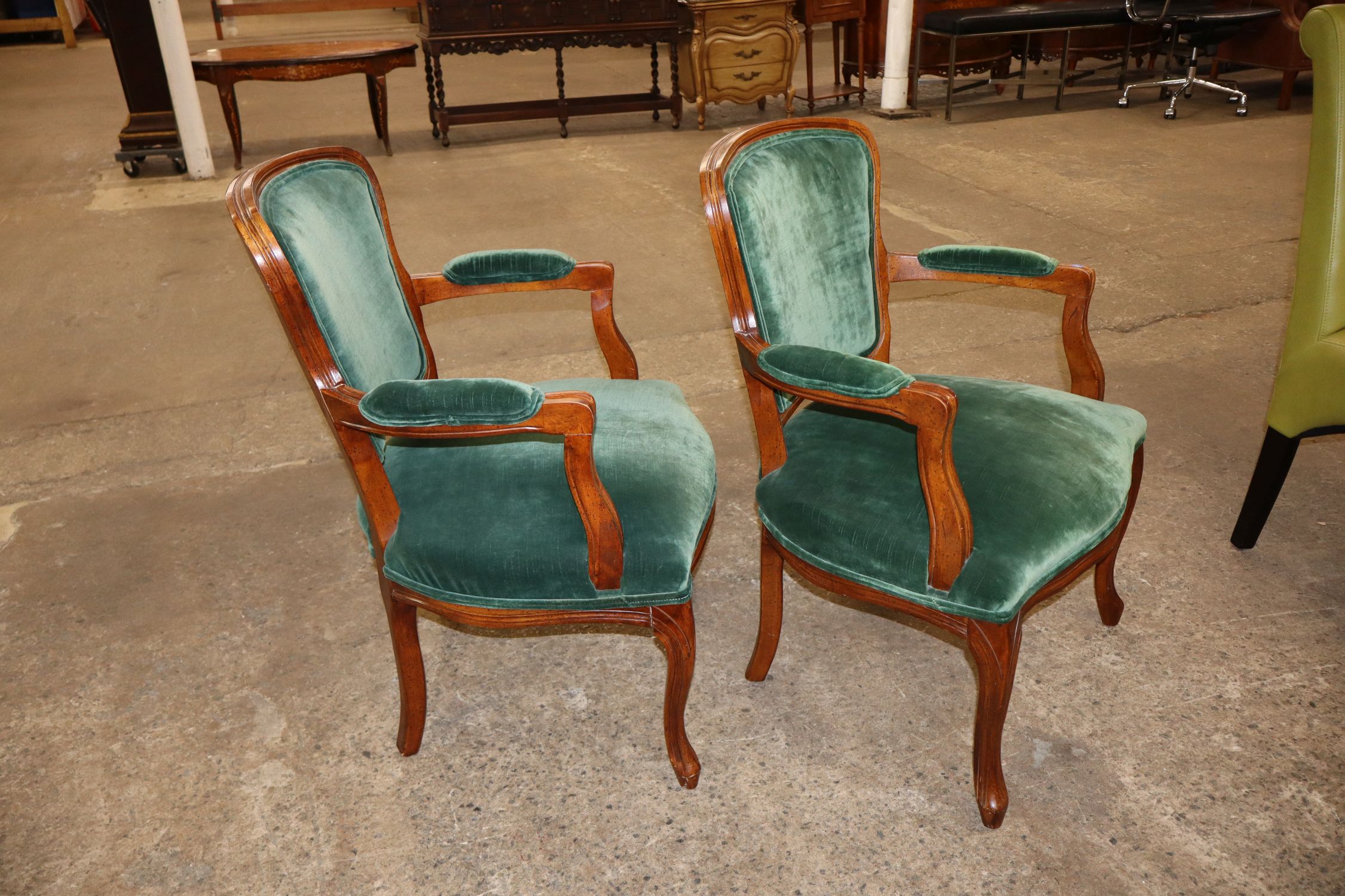 Pr Vtg FR Walnut Green Velour Arm Chairs