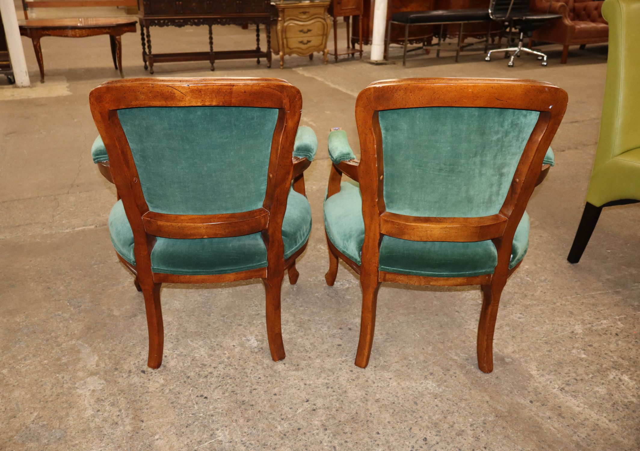 Pr Vtg FR Walnut Green Velour Arm Chairs