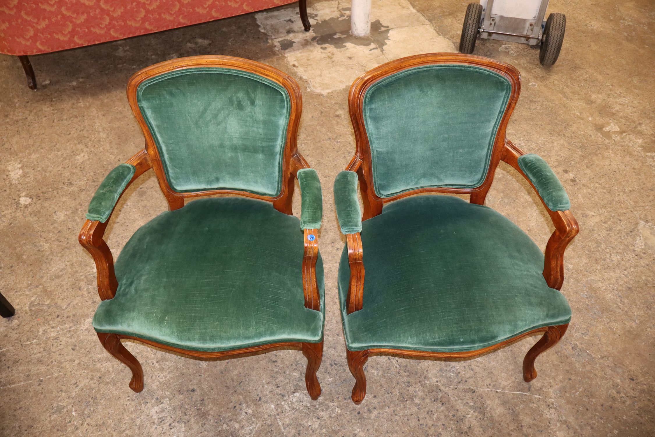 Pr Vtg FR Walnut Green Velour Arm Chairs
