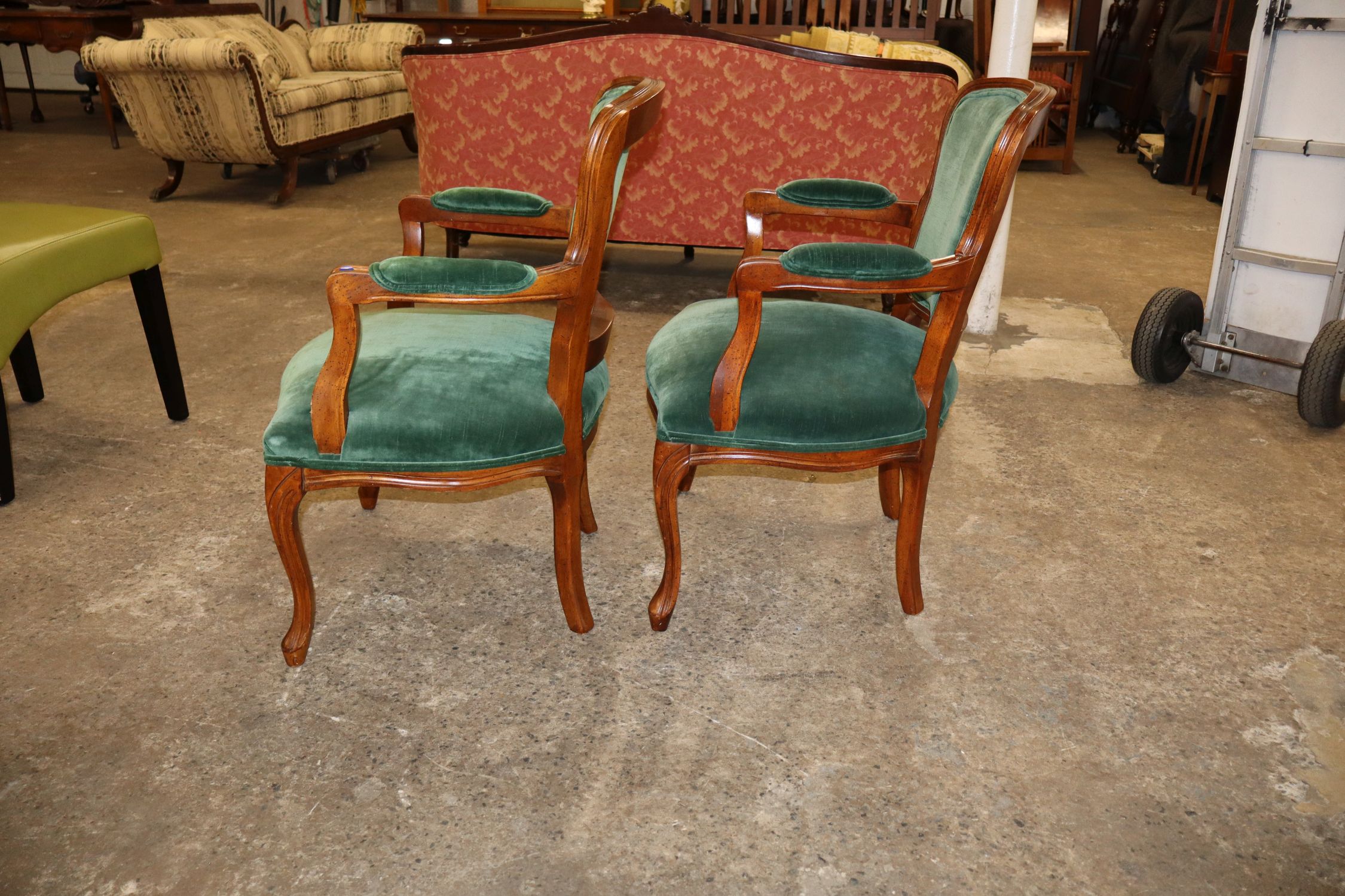 Pr Vtg FR Walnut Green Velour Arm Chairs