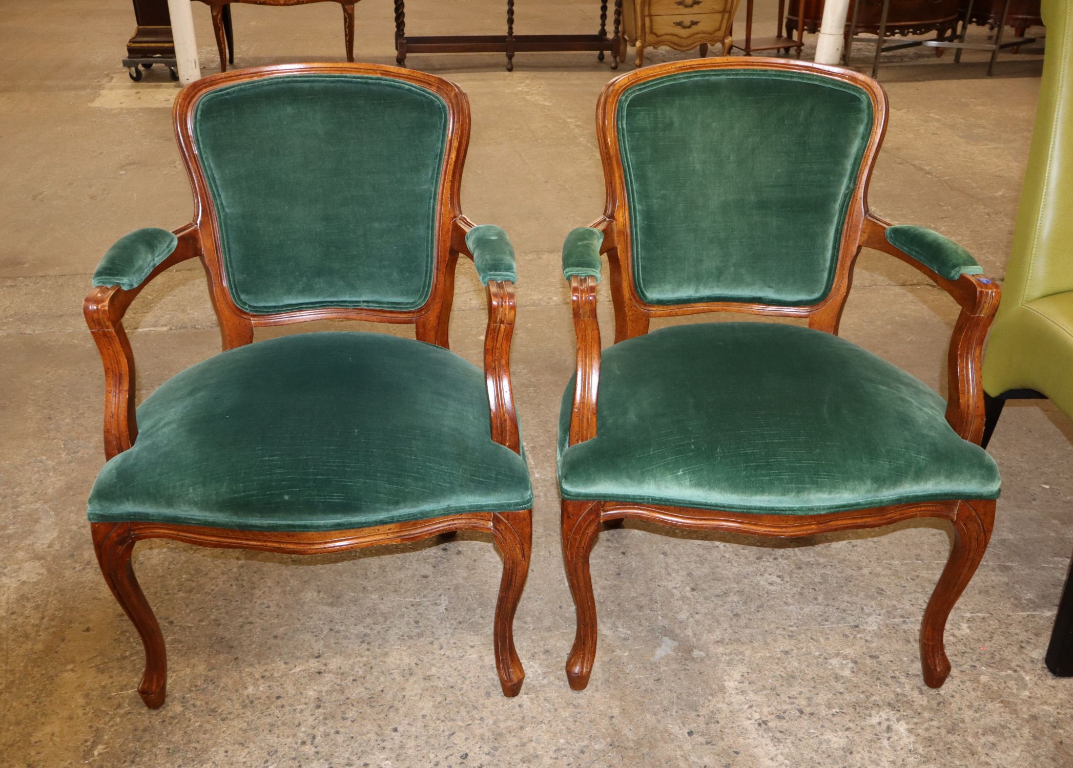 Pr Vtg FR Walnut Green Velour Arm Chairs