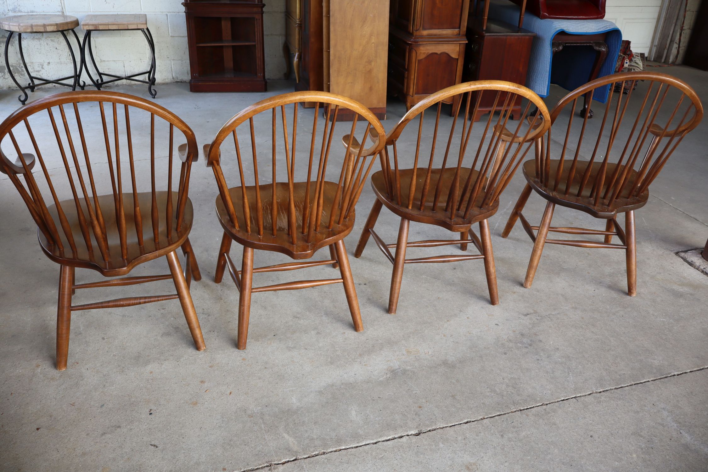 Set 4 Maple Windsor Brace Back Arm Chairs
