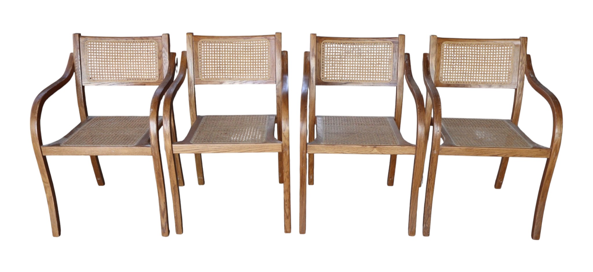 Set 4 Stackable Oak Bentwood Cane Arm Chairs