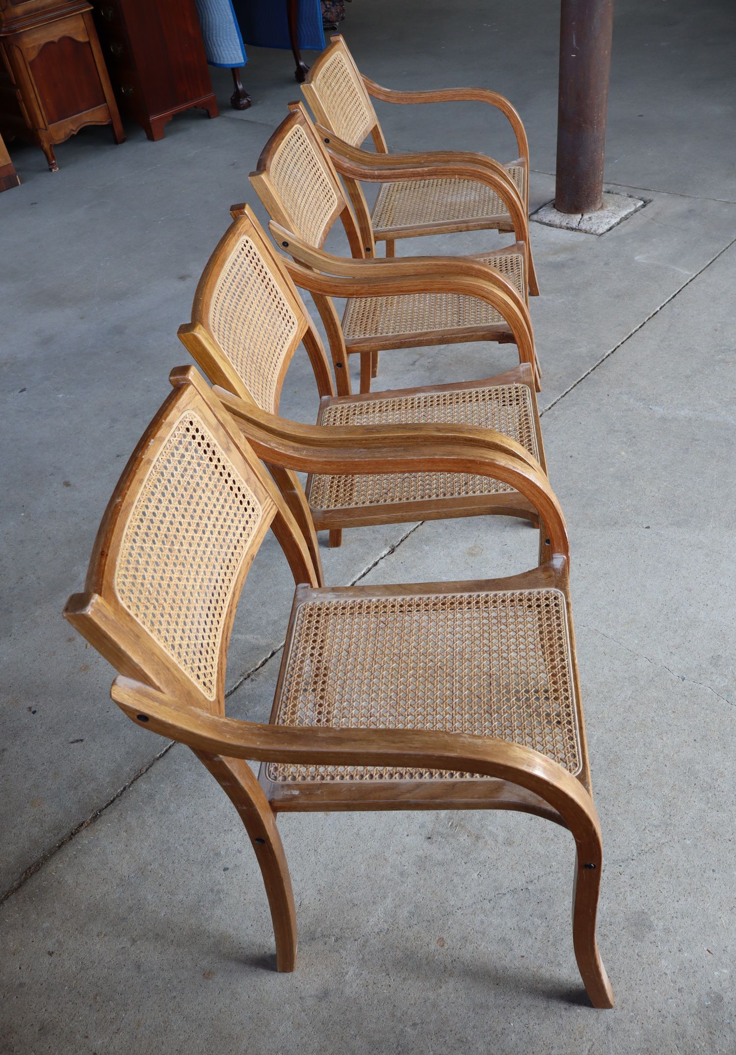 Set 4 Stackable Oak Bentwood Cane Arm Chairs