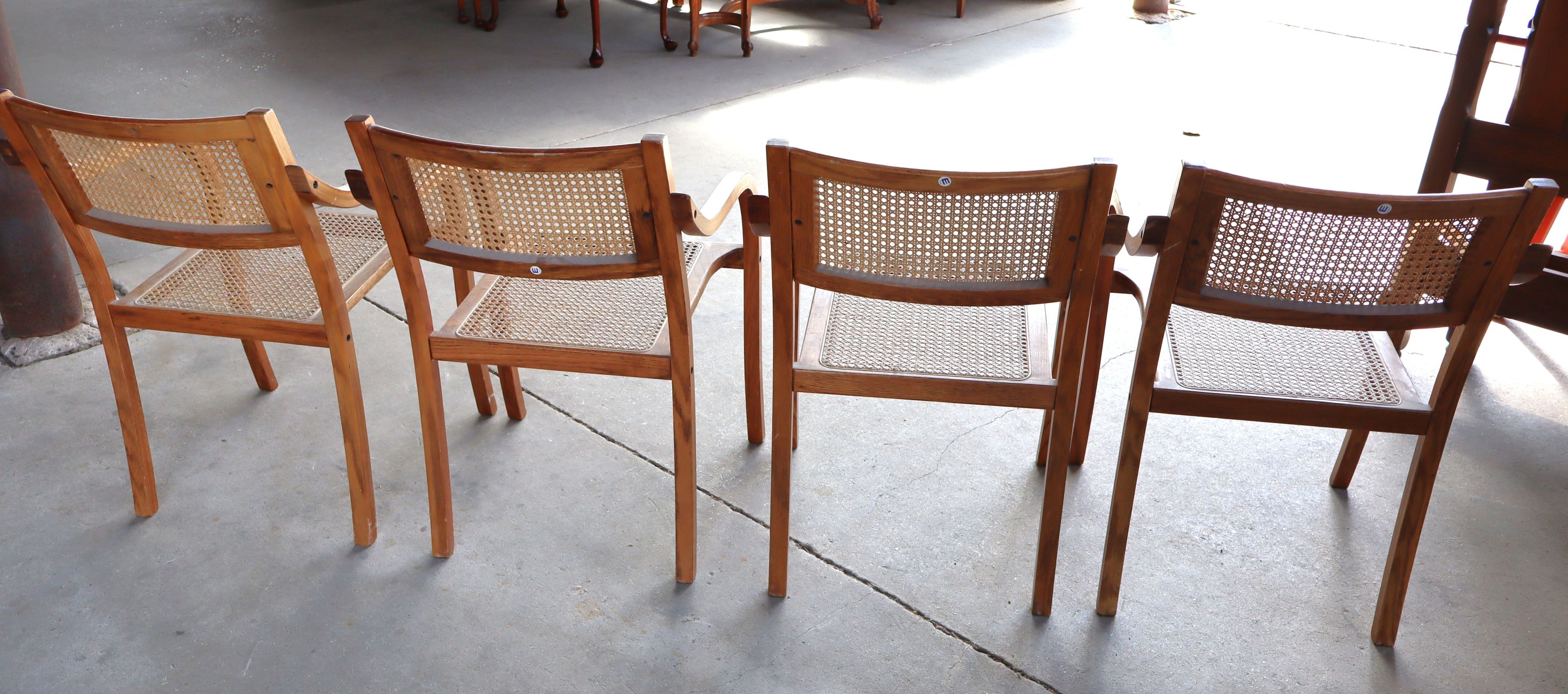 Set 4 Stackable Oak Bentwood Cane Arm Chairs
