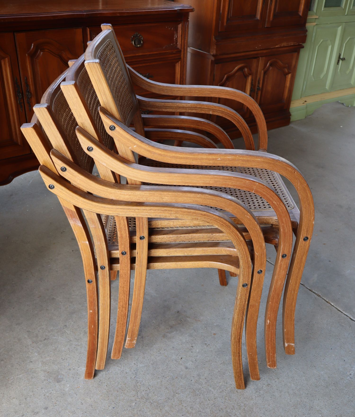 Set 4 Stackable Oak Bentwood Cane Arm Chairs