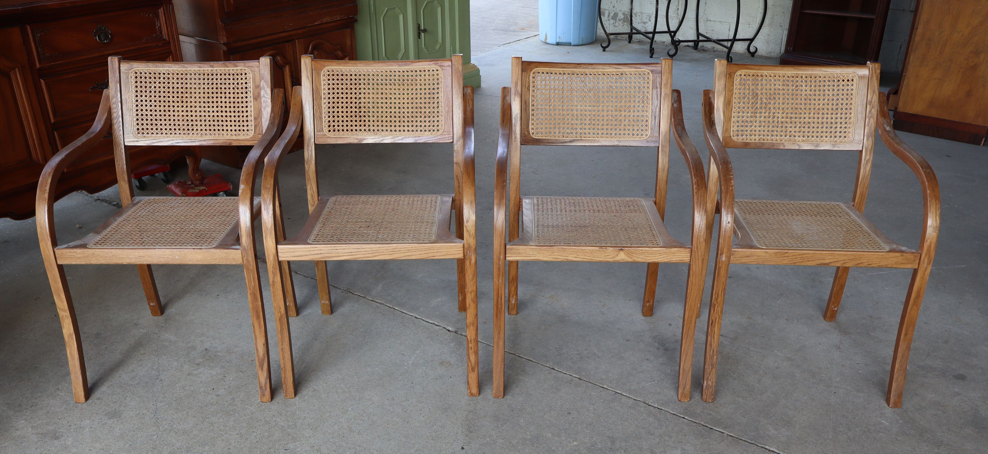 Set 4 Stackable Oak Bentwood Cane Arm Chairs