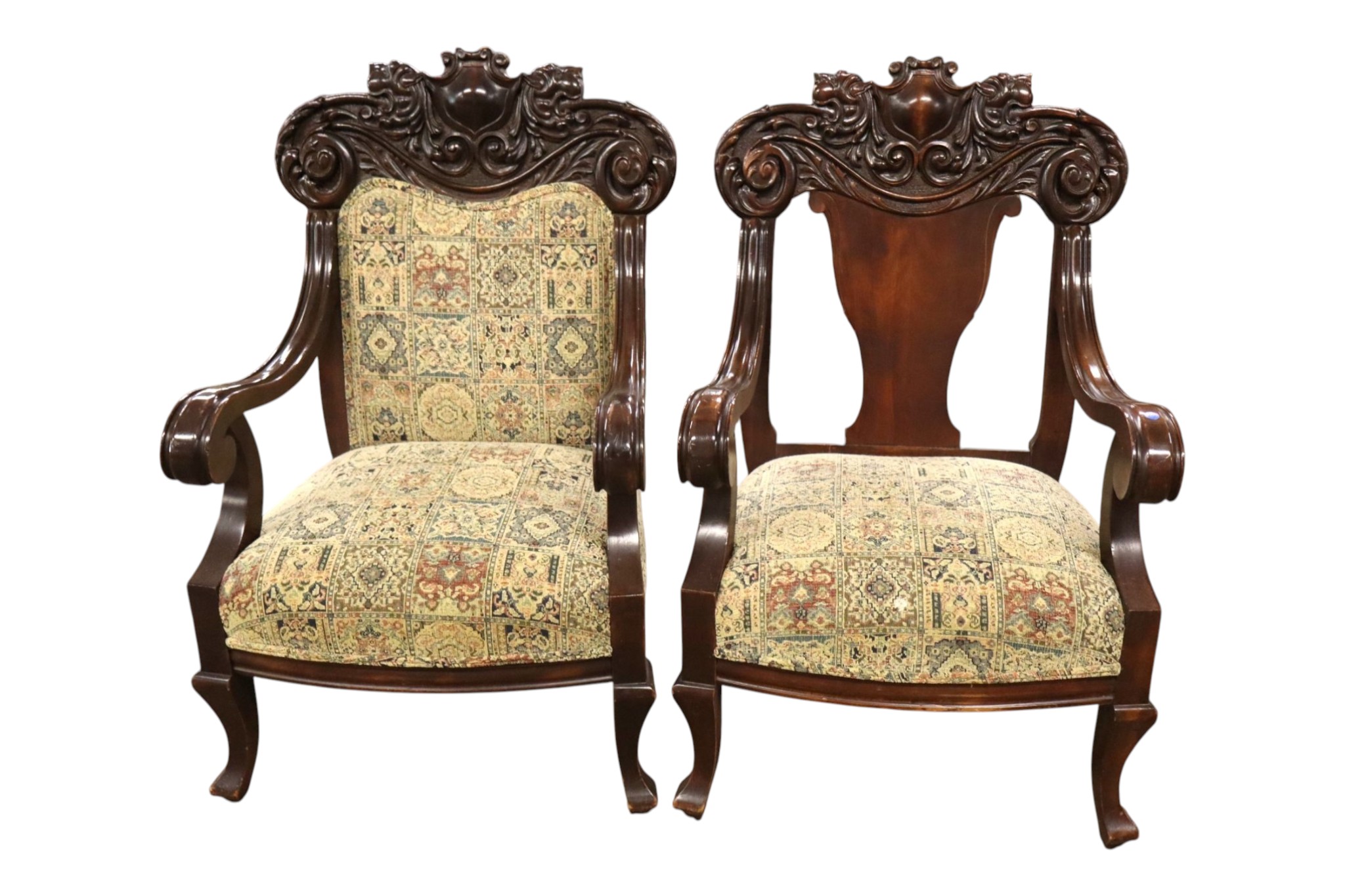 Pr Antq Lion Head Crvd Mah Arm Chairs Attr Horner