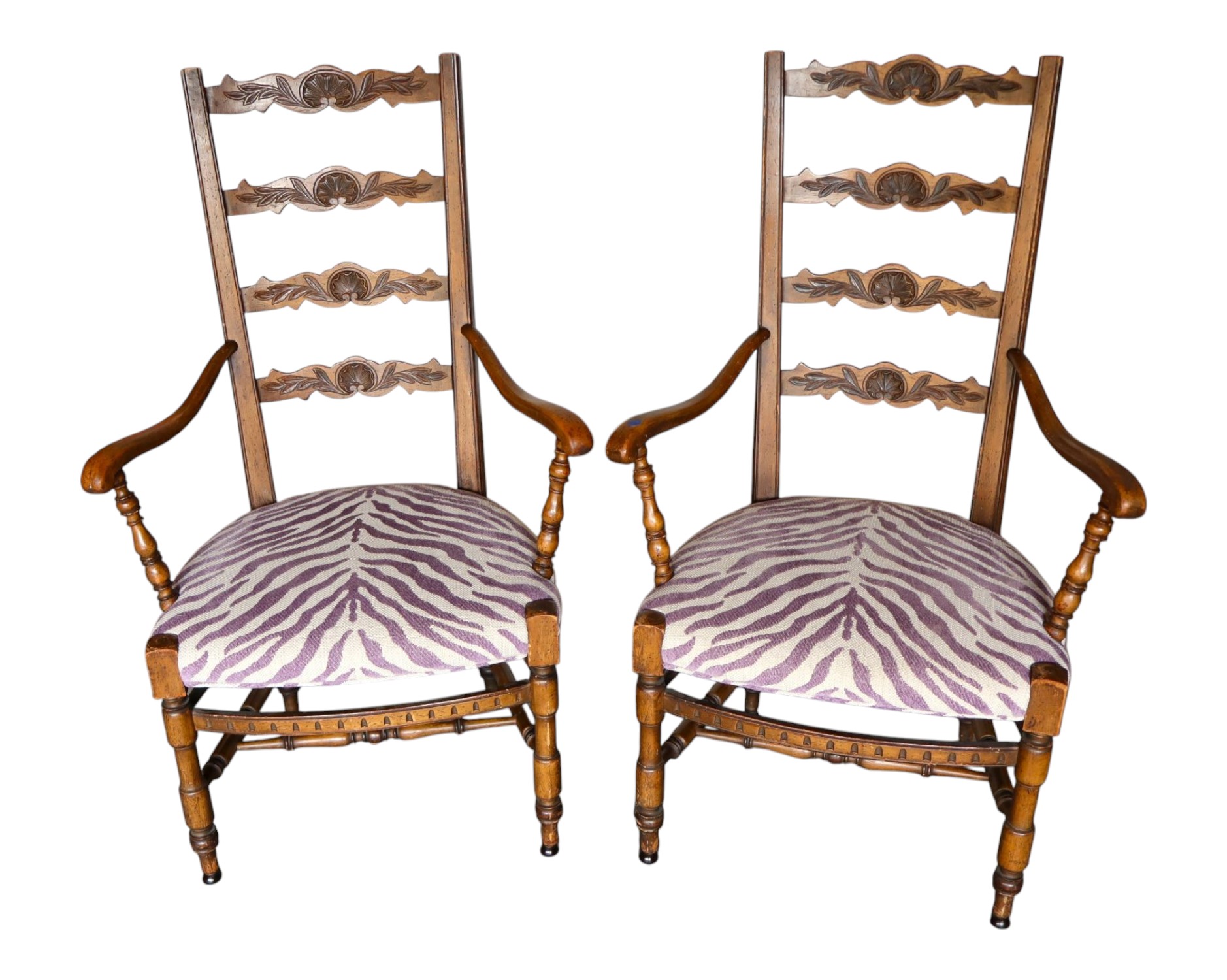Pr Vtg FR Shell Crvd Ladder Back Arm Chairs