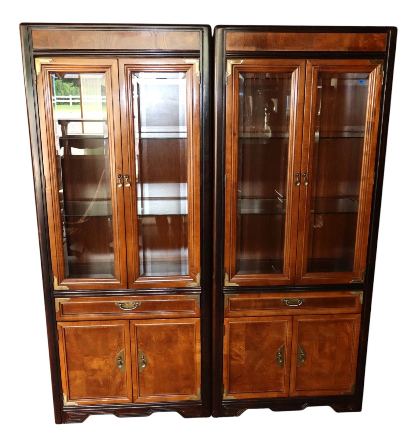 Pr Broyhill Asian Burl Wal Display Cabinets