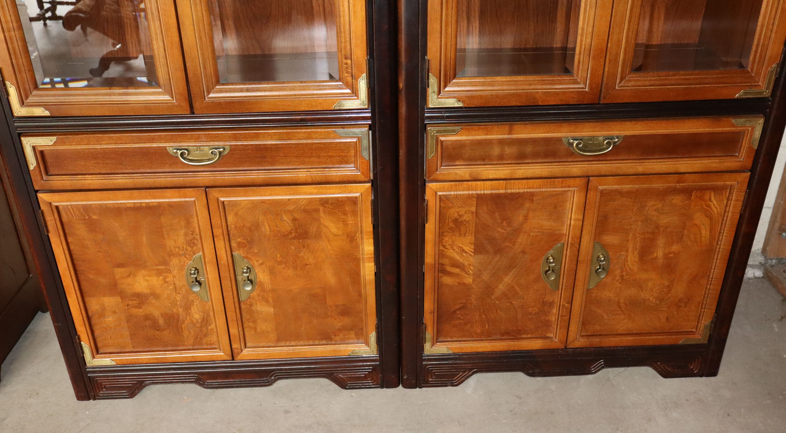 Pr Broyhill Asian Burl Wal Display Cabinets