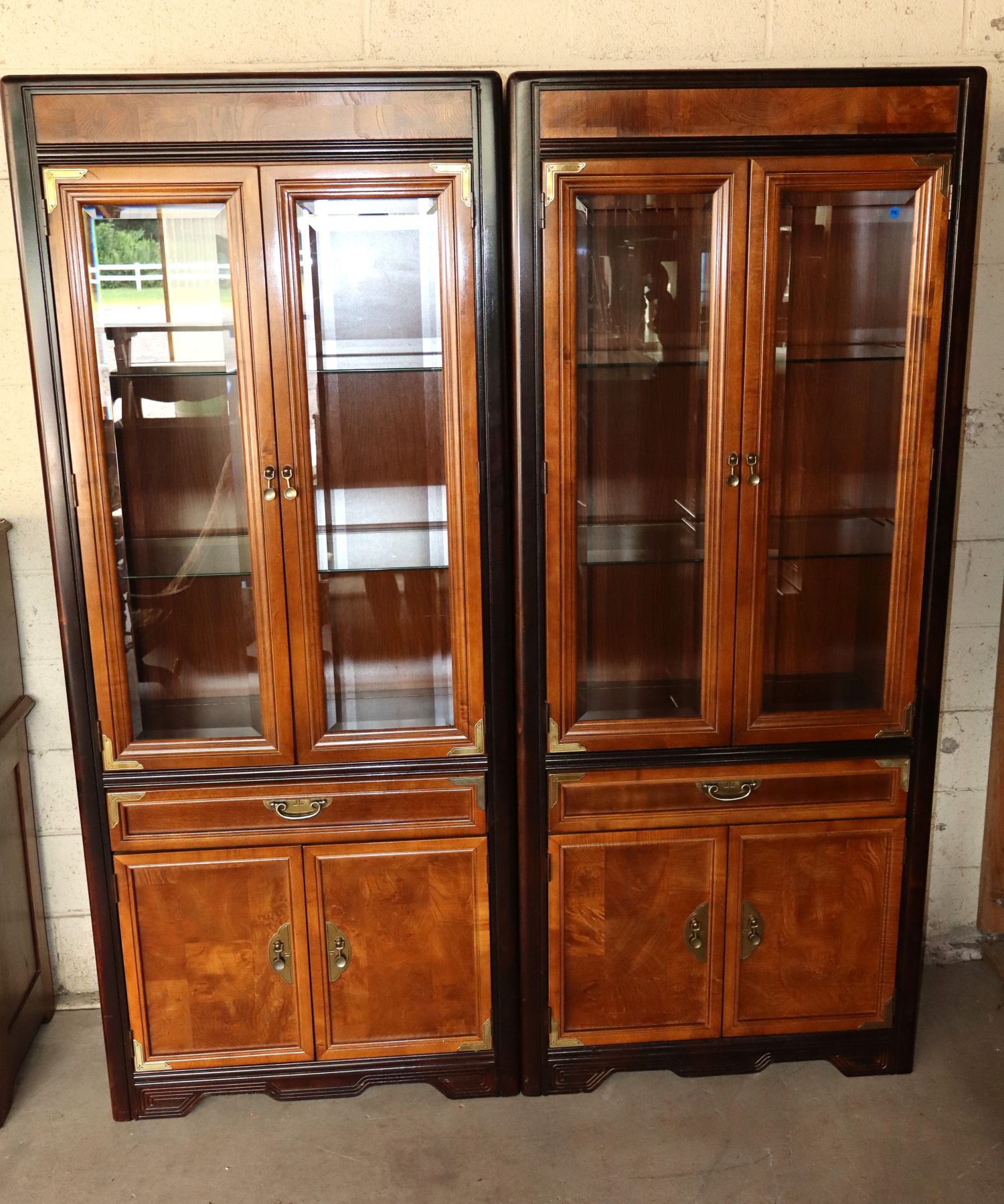 Pr Broyhill Asian Burl Wal Display Cabinets