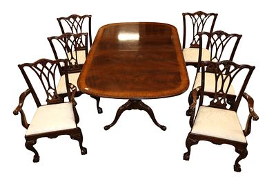 Drexel 7 Pc Burl Walnut Triple Banded Dining Set. Drexel 7 piece dining set, burl walnut with 