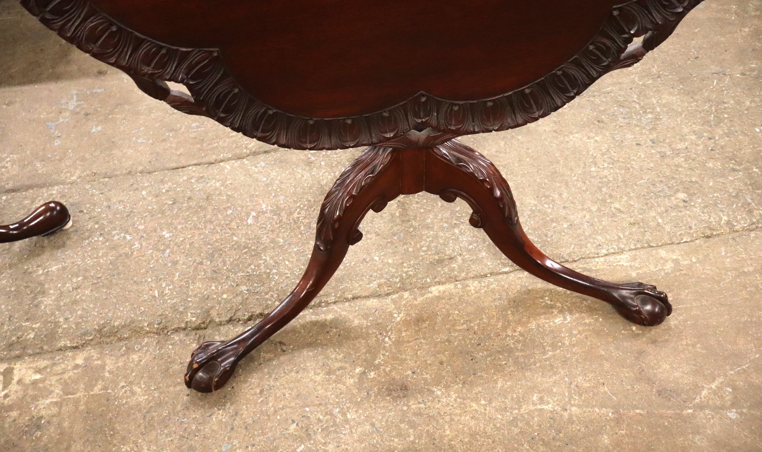Antq Mah Scallop Crvd Tilt Top Table Paw Feet