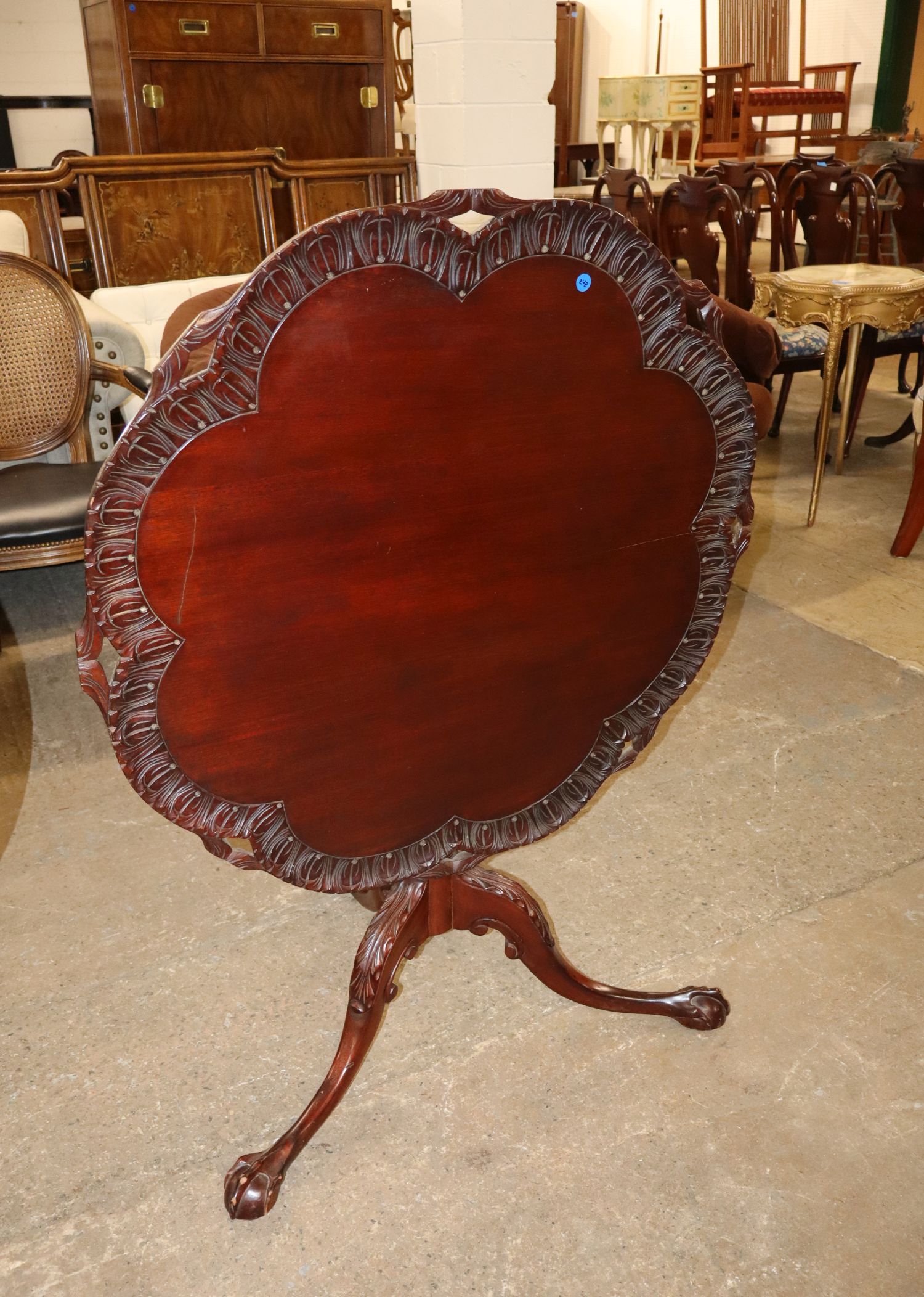 Antq Mah Scallop Crvd Tilt Top Table Paw Feet