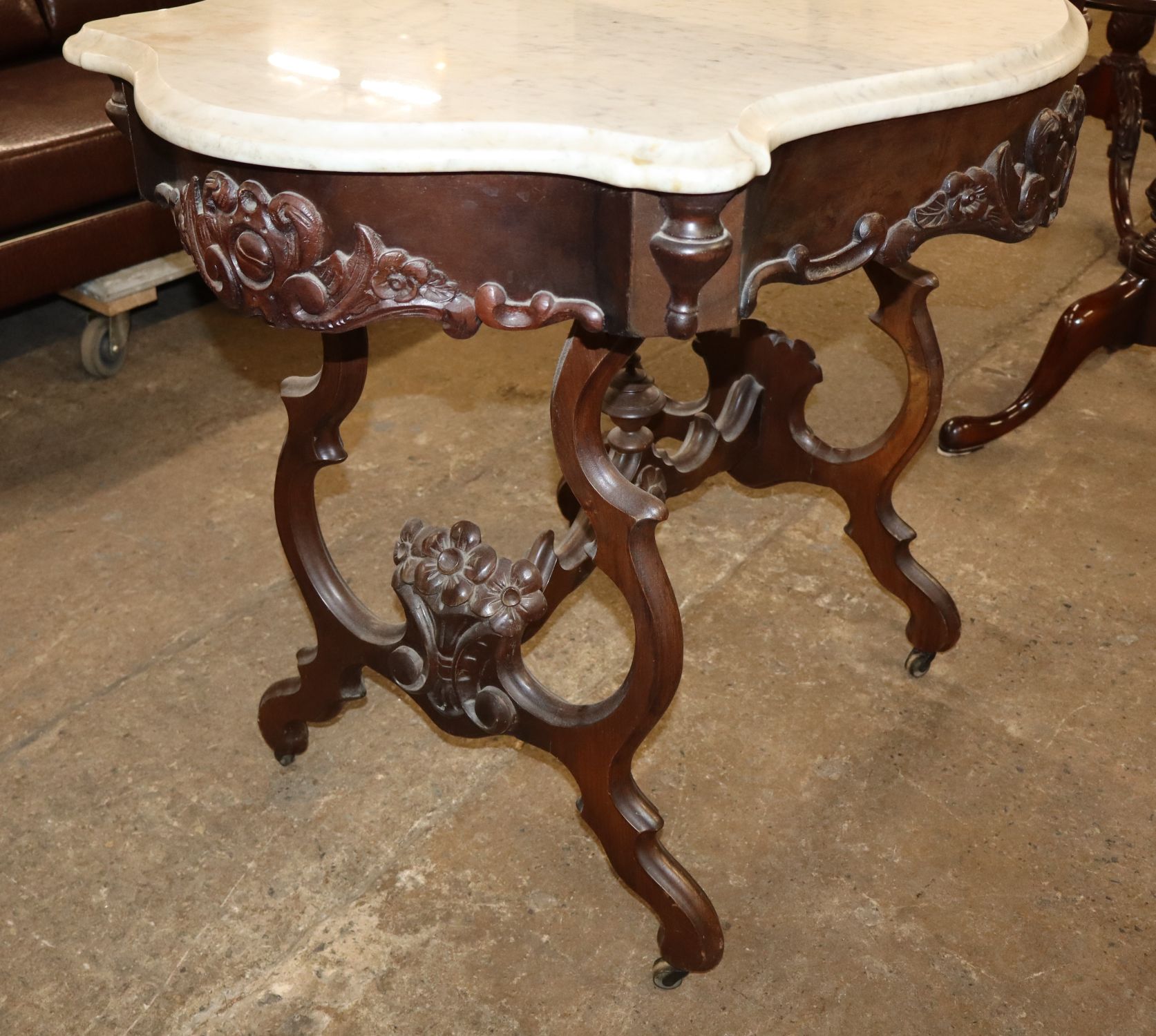 Antq Victorian Rosewood Turtle Top Marble Table