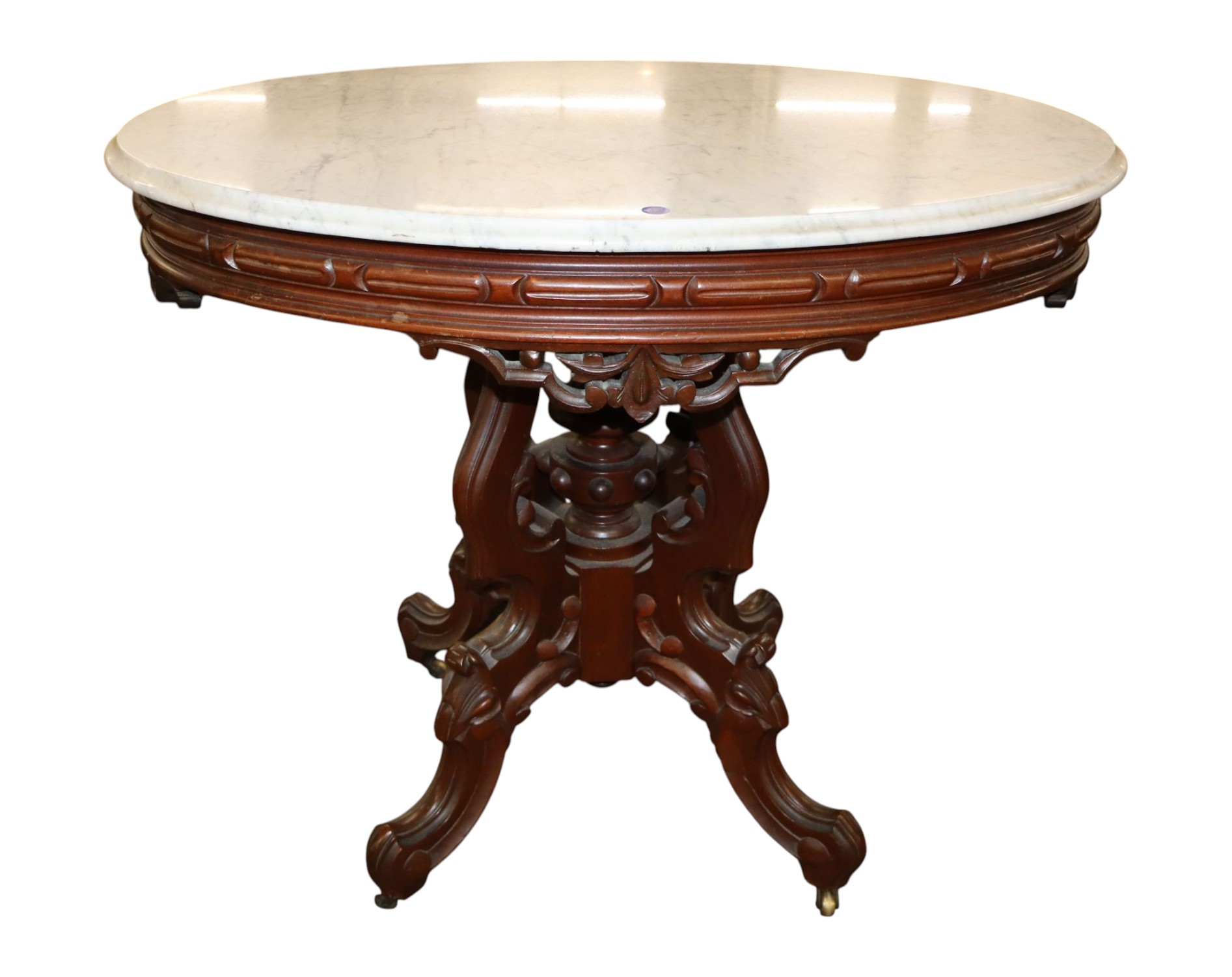 Antq Victorian Walnut Oval Marble Top Table (48/49)
