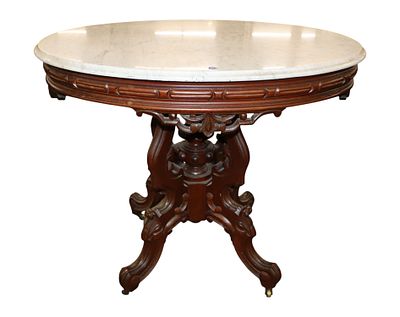 Antq Victorian Walnut Oval Marble Top Table (48/49). Antique Victorian walnut oval marble top 