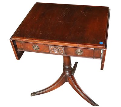 VTG Duncan Phyfe Mah Drop Leaf Table Banded. Vintage mahogany 1 drawer Duncan Phyfe style drop 