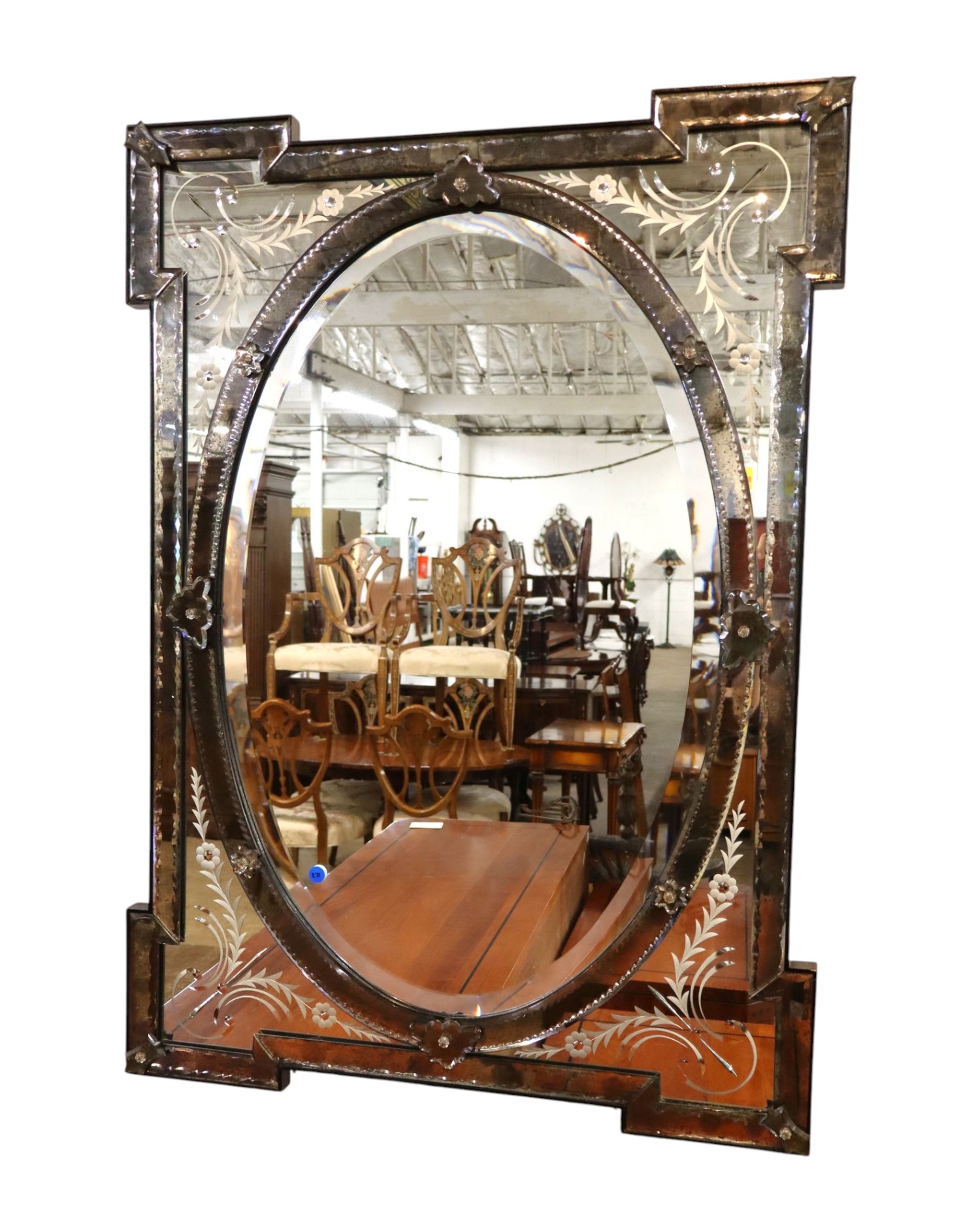 Antq IT Venetian Etched Beveled Wall Mirror Oval