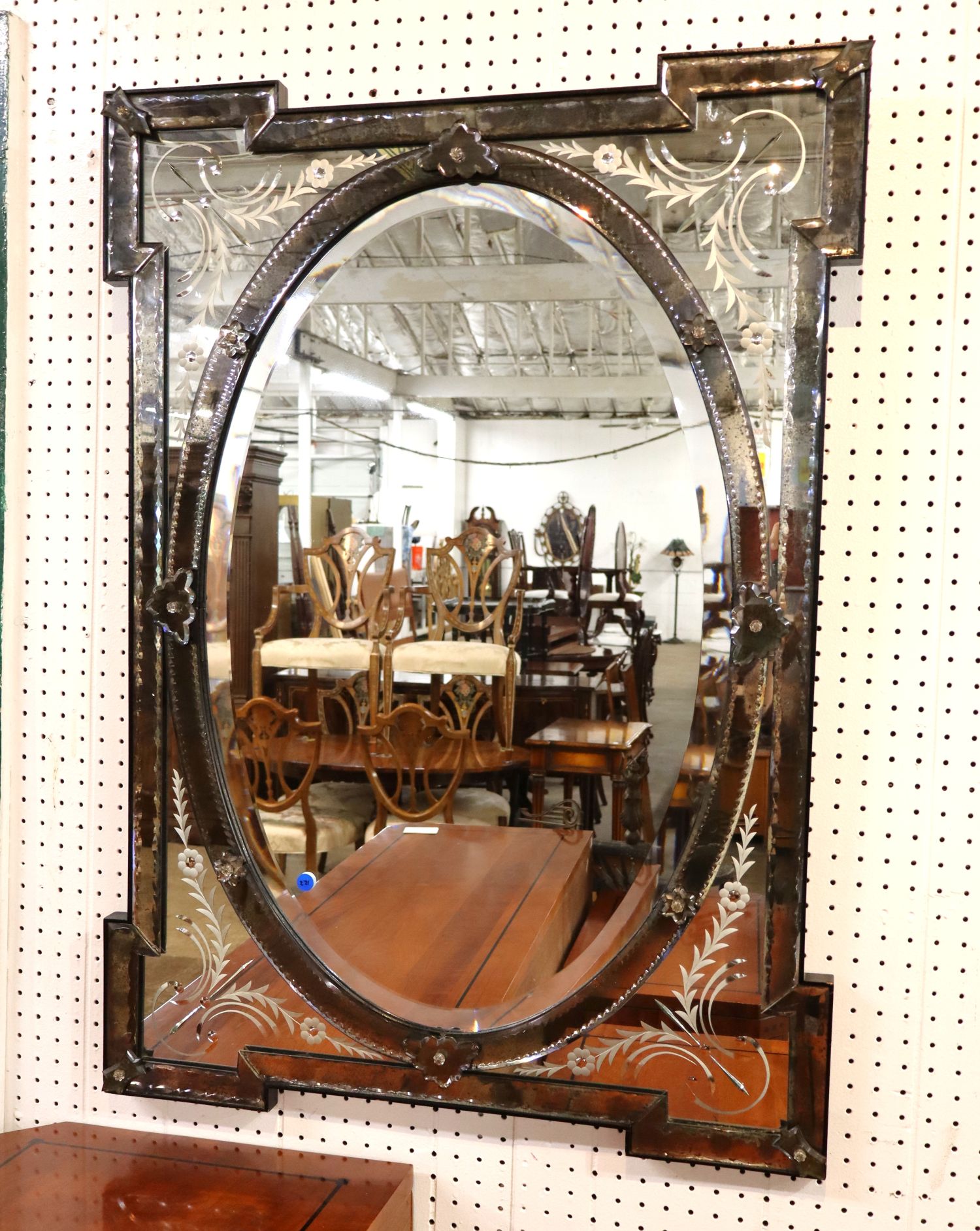 Antq IT Venetian Etched Beveled Wall Mirror Oval