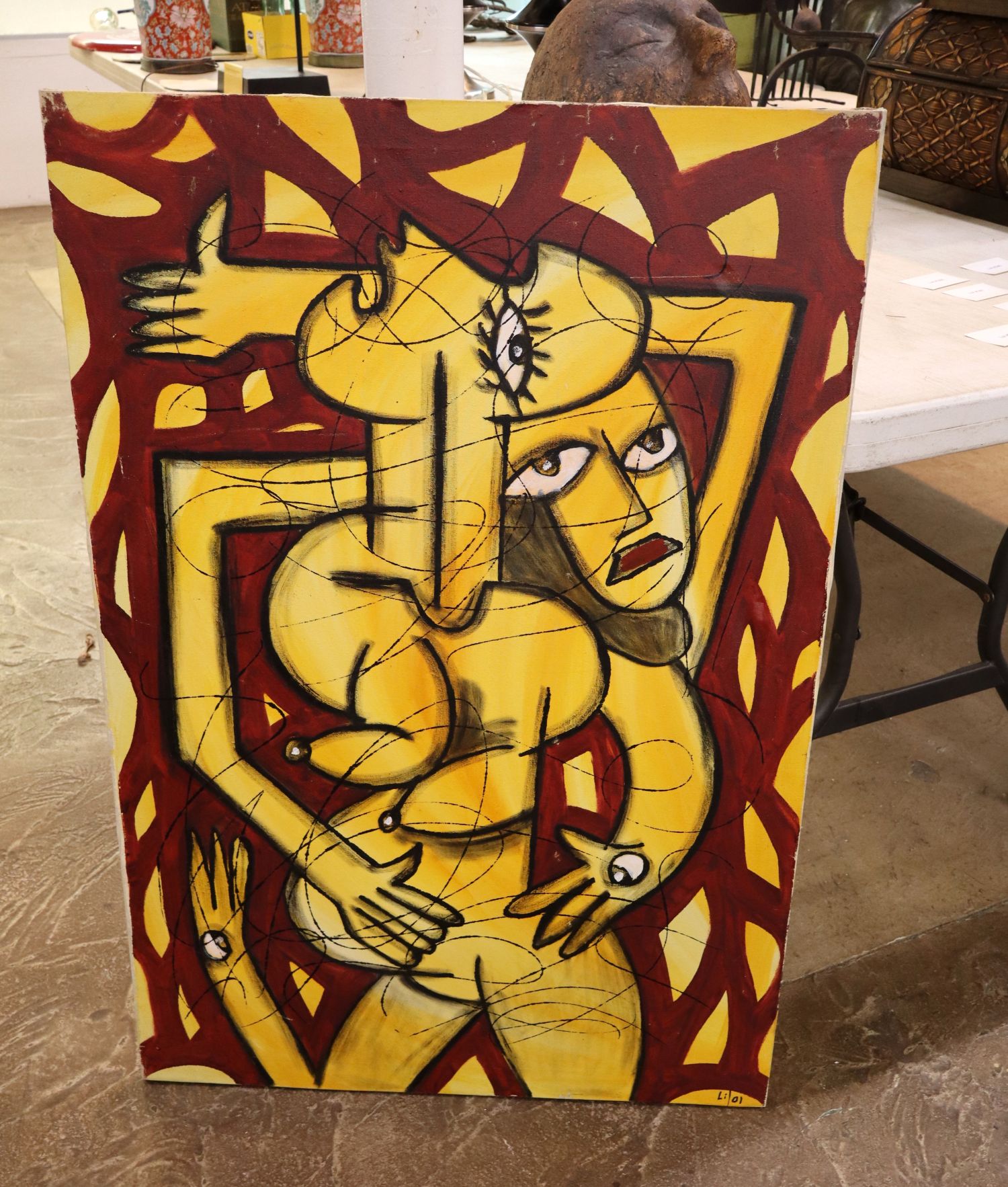 VTG MCM Modernist Figural Signed Oil Painting