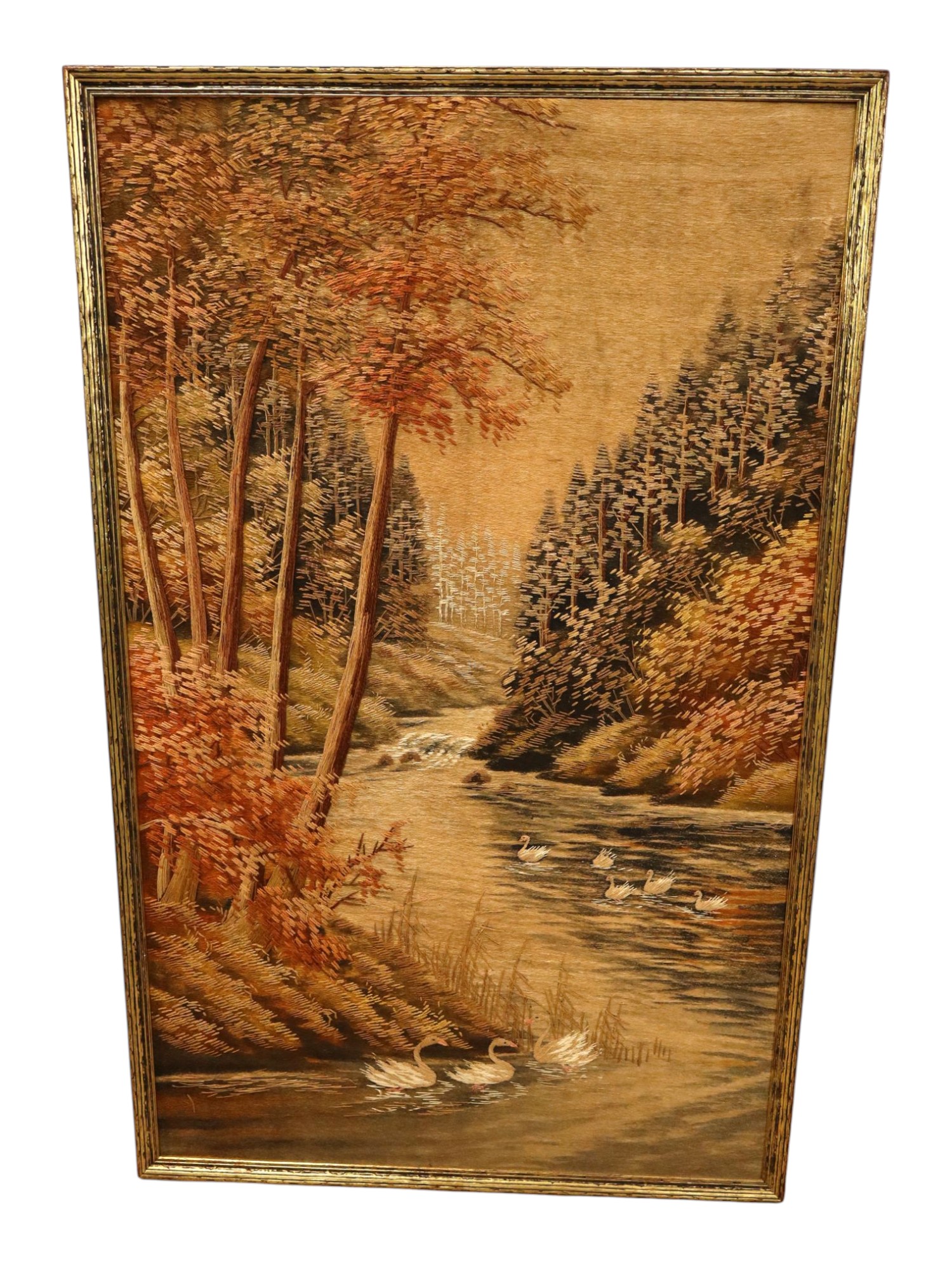VTG Asian Bunka Embroidery Tapestry Swans Scene