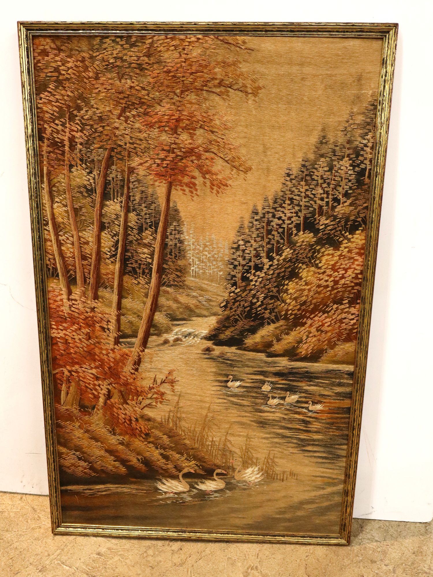 VTG Asian Bunka Embroidery Tapestry Swans Scene