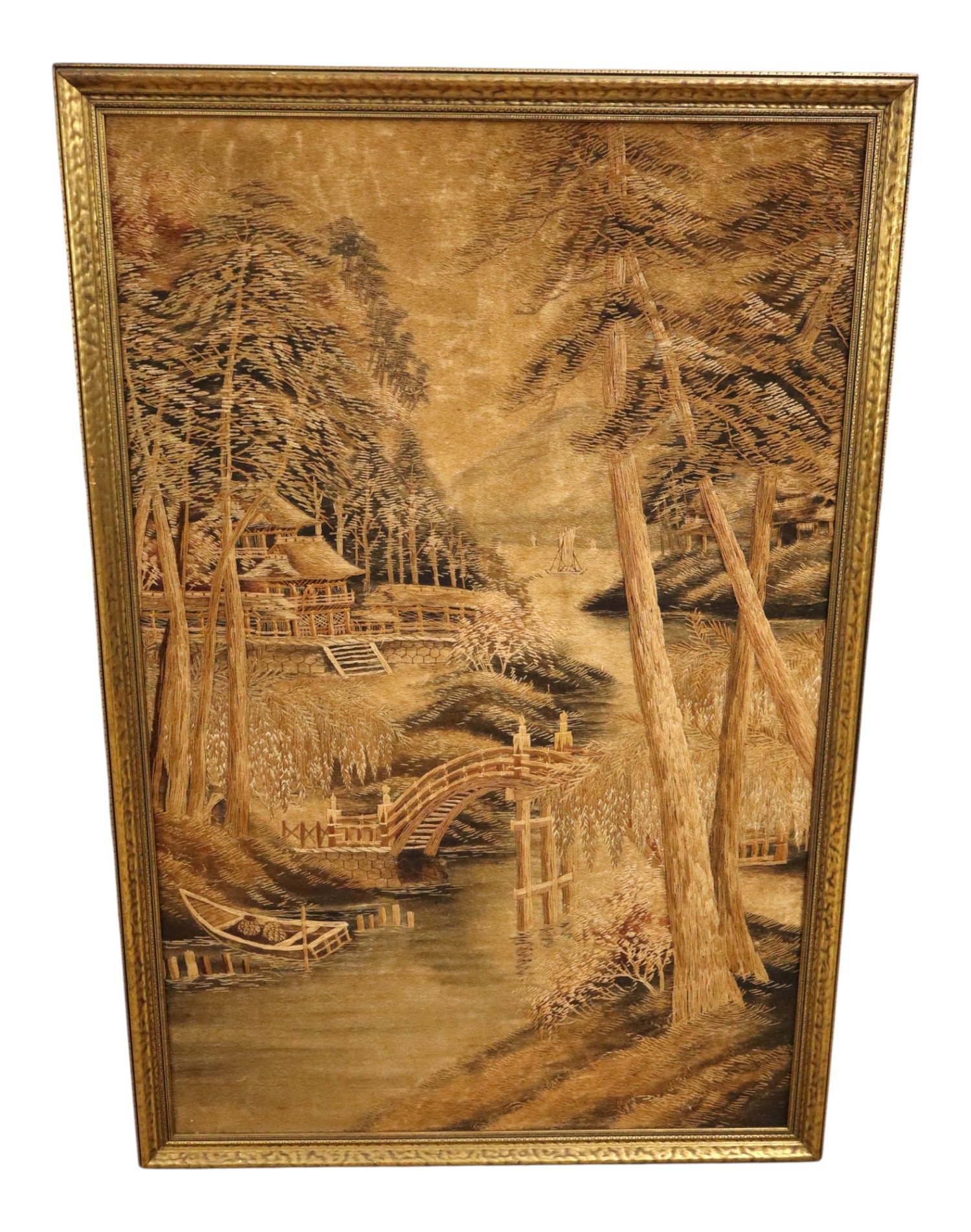 VTG Asian Bunka Embroidery Boat Bridge Tapestry
