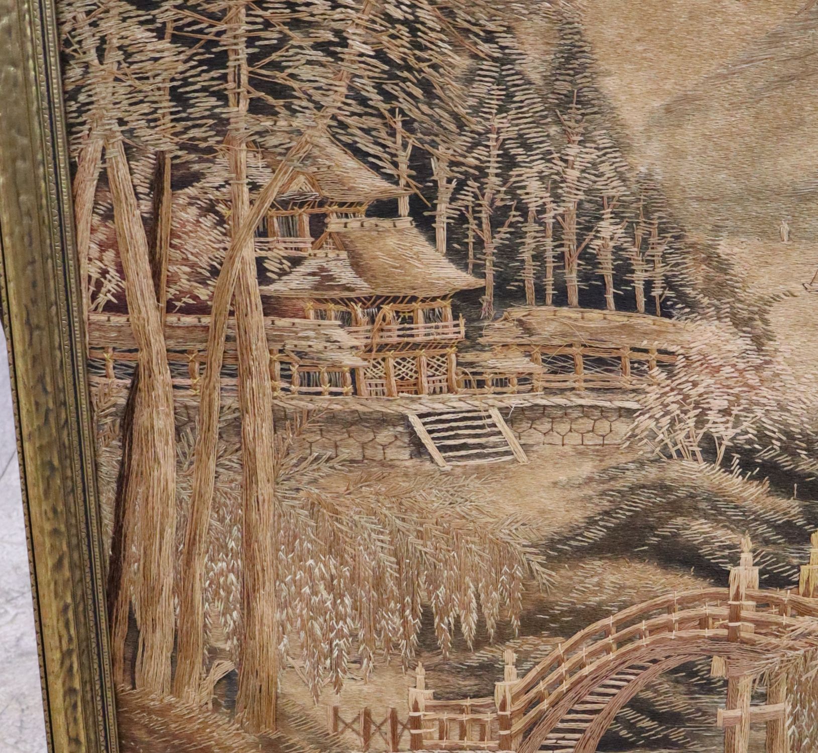 VTG Asian Bunka Embroidery Boat Bridge Tapestry