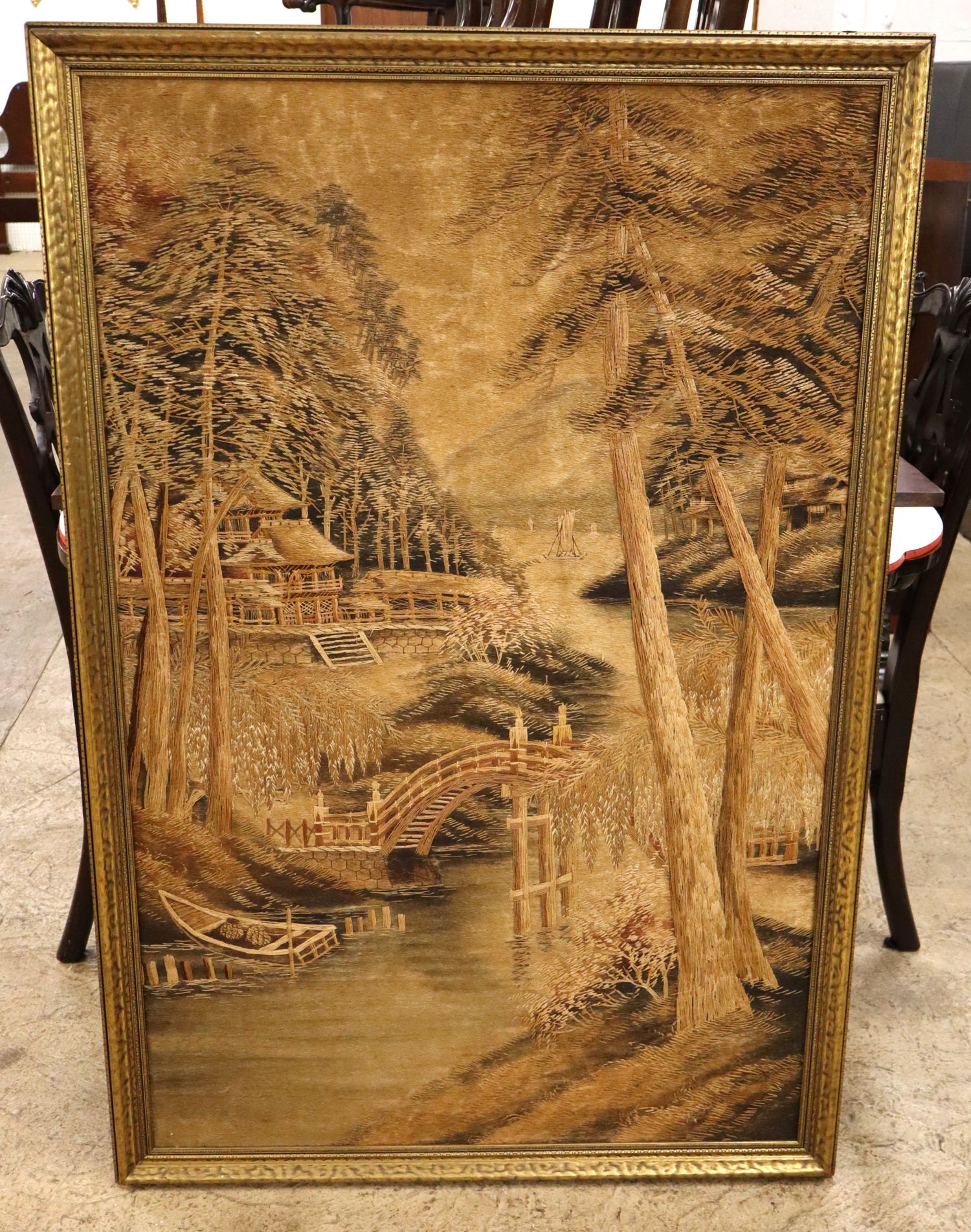 VTG Asian Bunka Embroidery Boat Bridge Tapestry