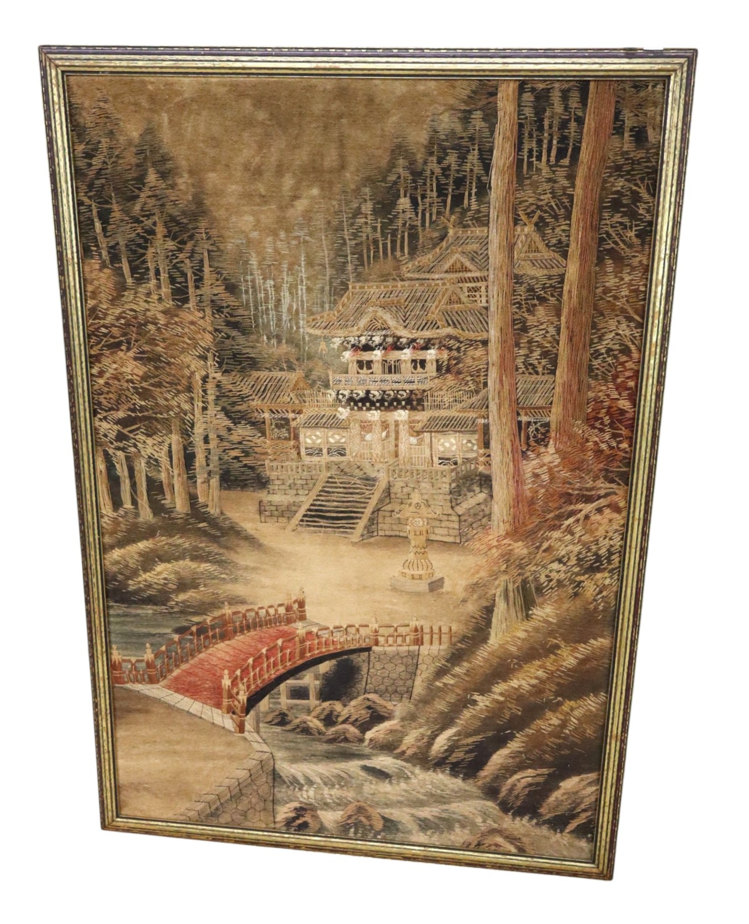 VTG Asian Bunka Embroidery Pagoda Bridge Scene