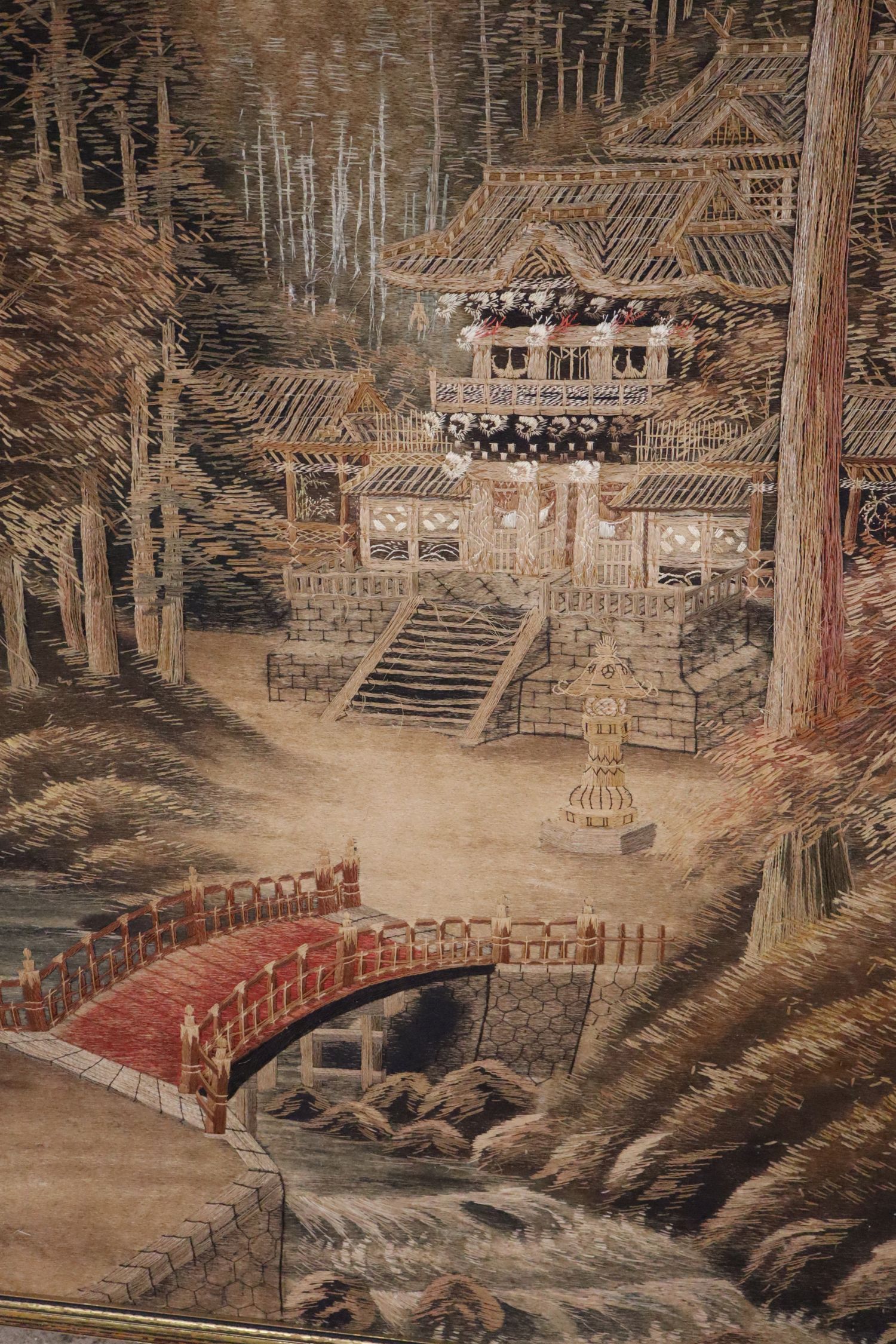 VTG Asian Bunka Embroidery Pagoda Bridge Scene