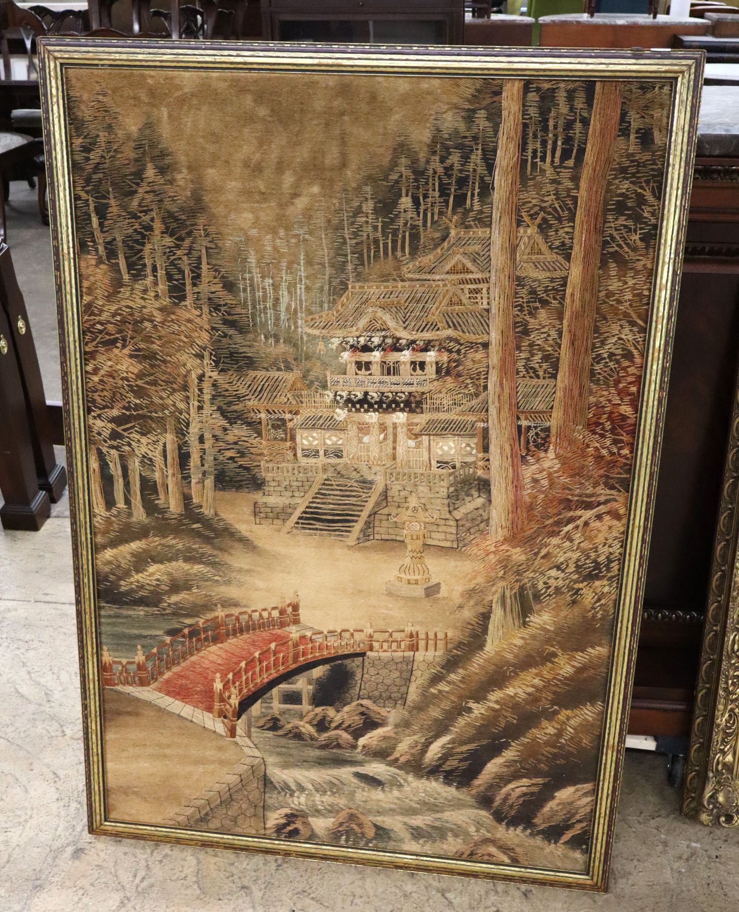 VTG Asian Bunka Embroidery Pagoda Bridge Scene