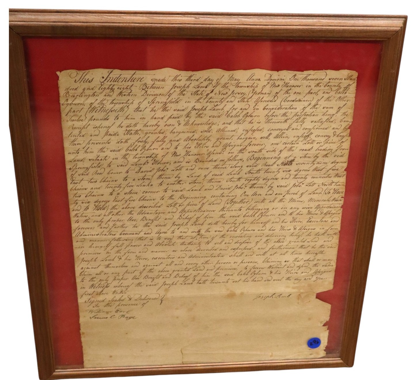 1788 NJ Vellum Land Deed Burlington Joseph Lamb