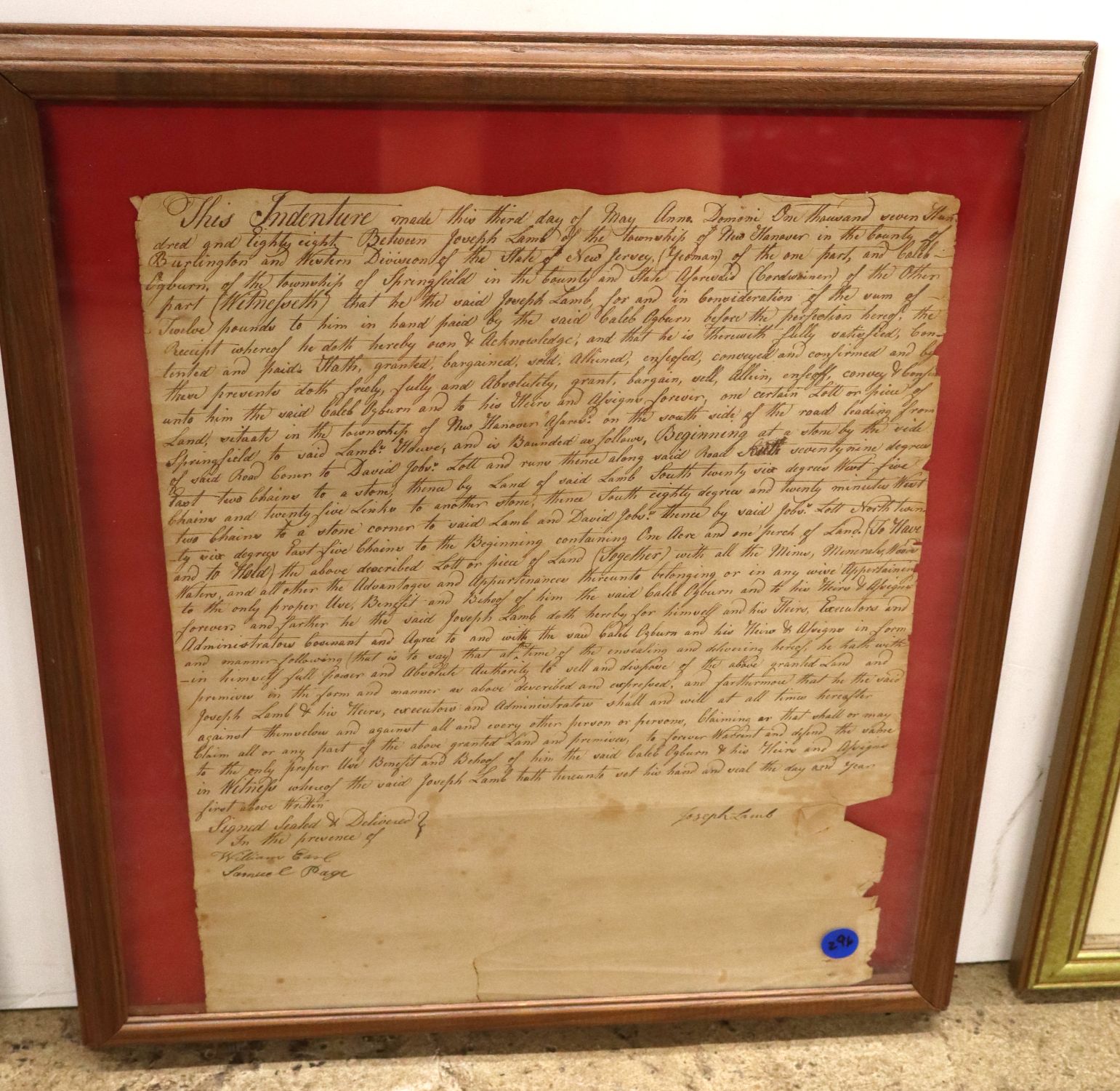 1788 NJ Vellum Land Deed Burlington Joseph Lamb