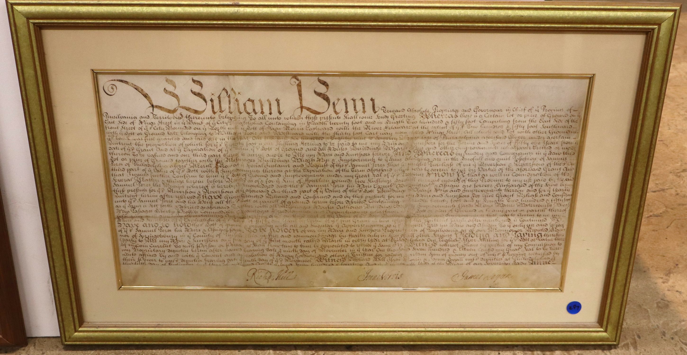 1701 William Penn Philadelphia Vellum Land Patent