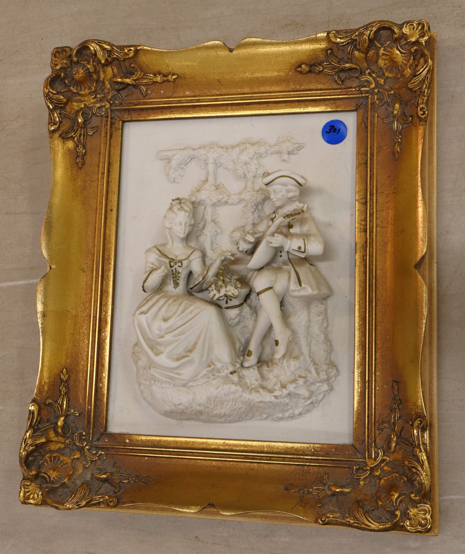 FR Bisque Figural Plaque Wood & Gesso Frame