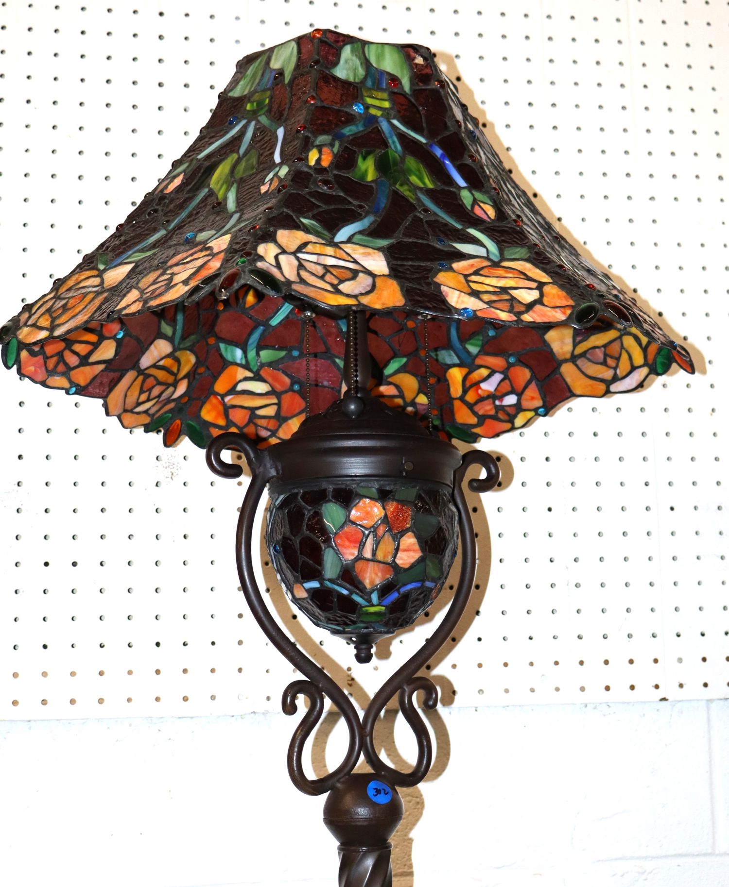 Lead Glass Bronze Style Pole Lamp Foot Pedal