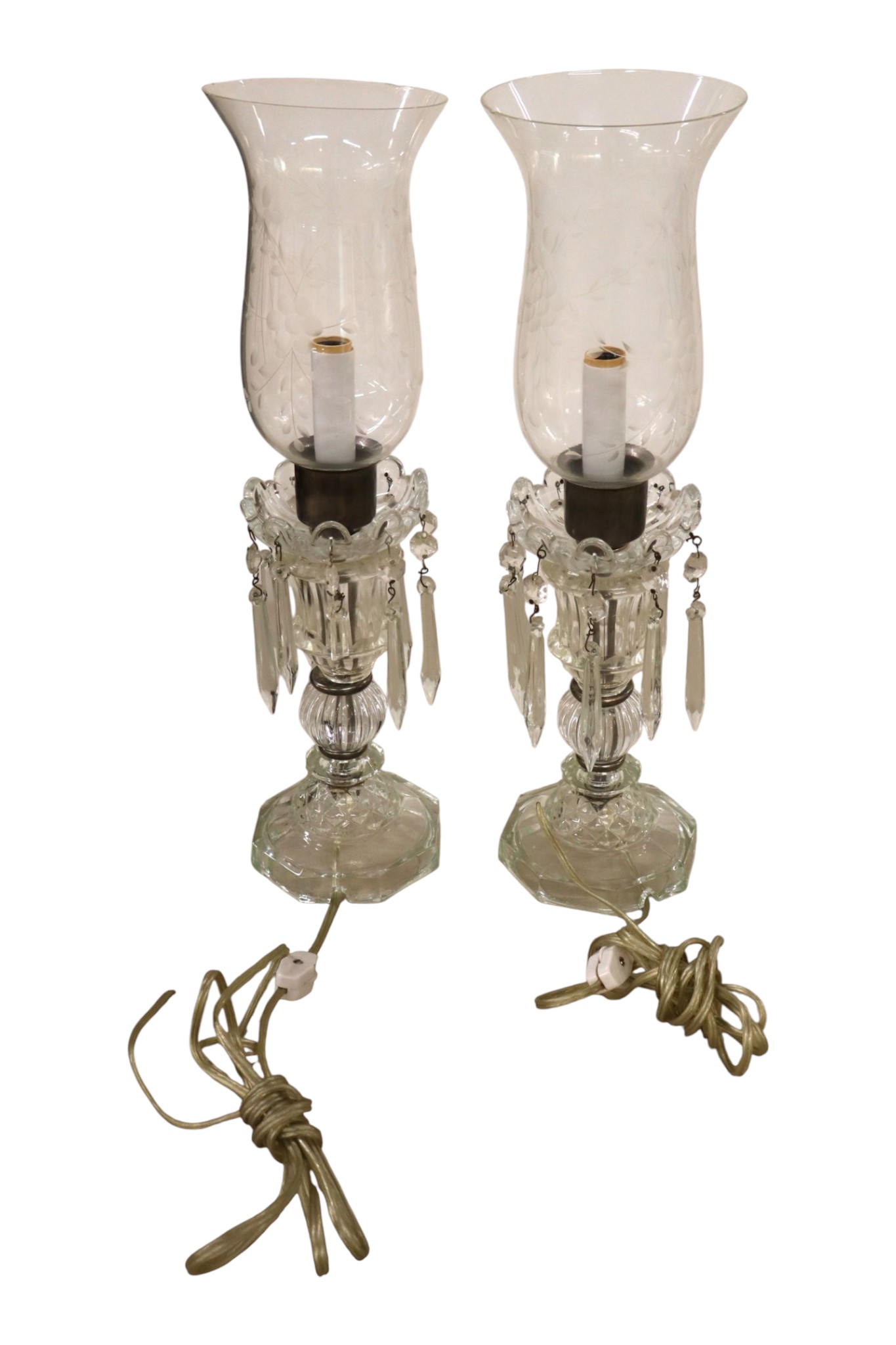 Pr VTG Crystal Prism Lamps Floral Etched Shades