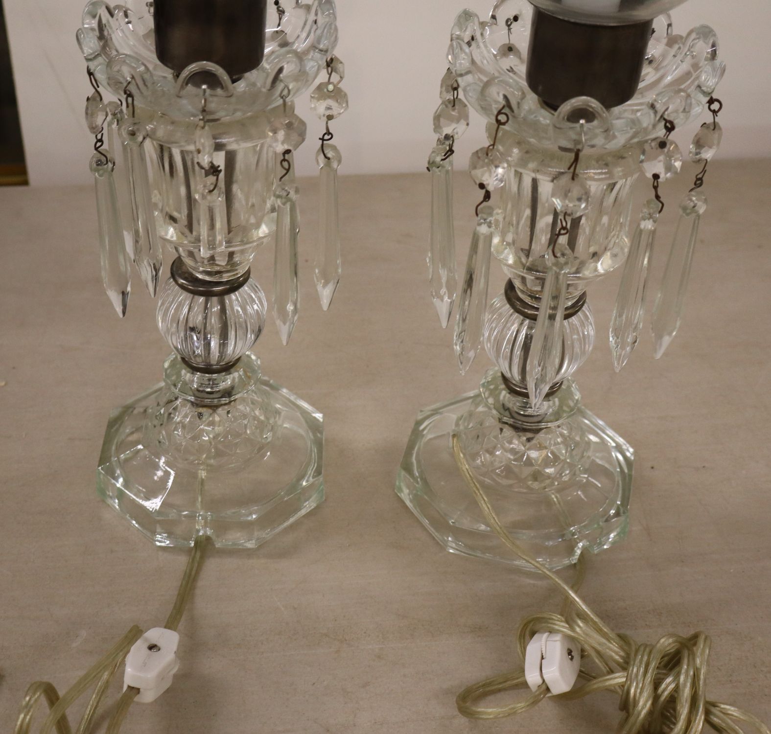Pr VTG Crystal Prism Lamps Floral Etched Shades