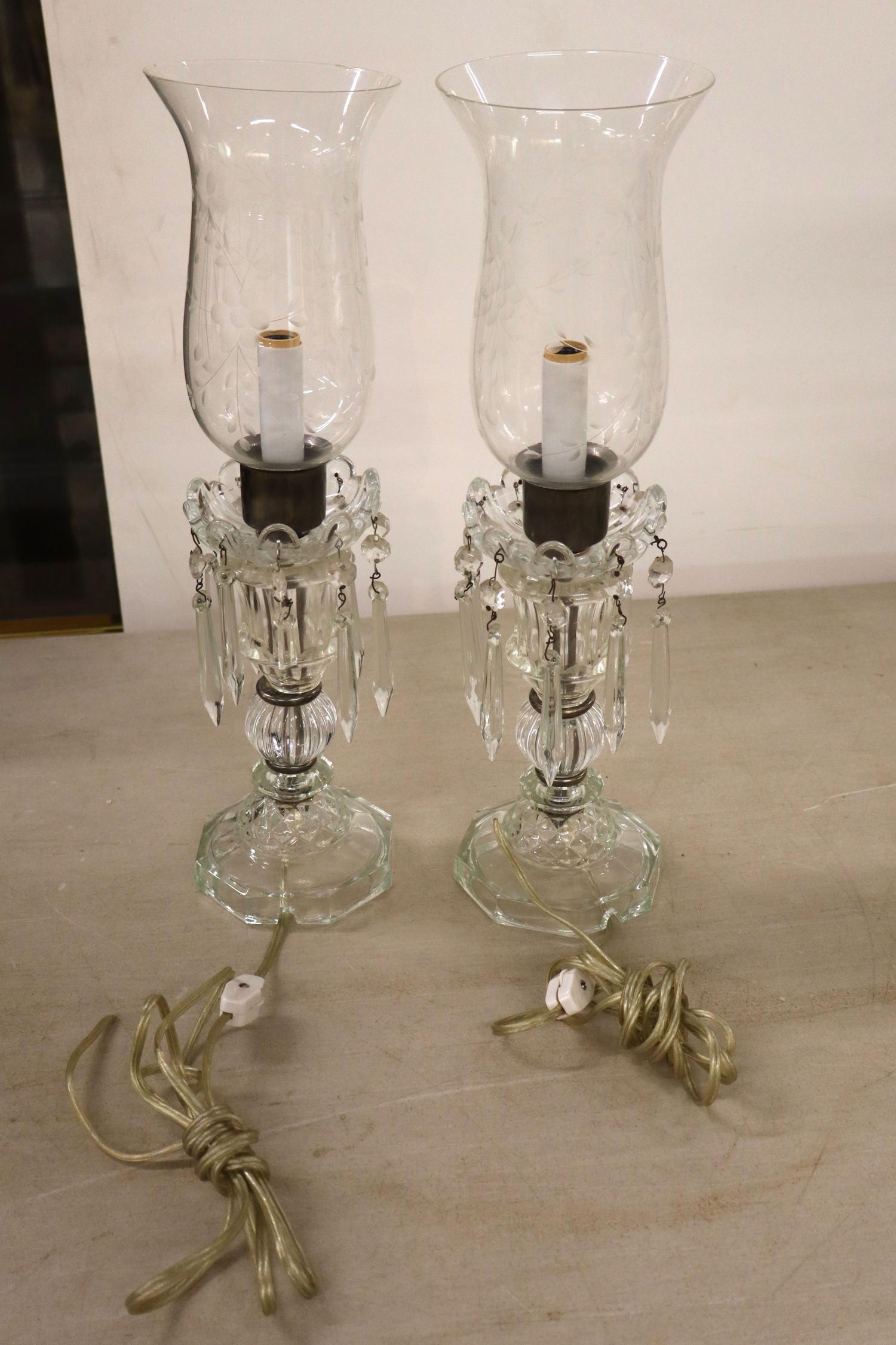 Pr VTG Crystal Prism Lamps Floral Etched Shades