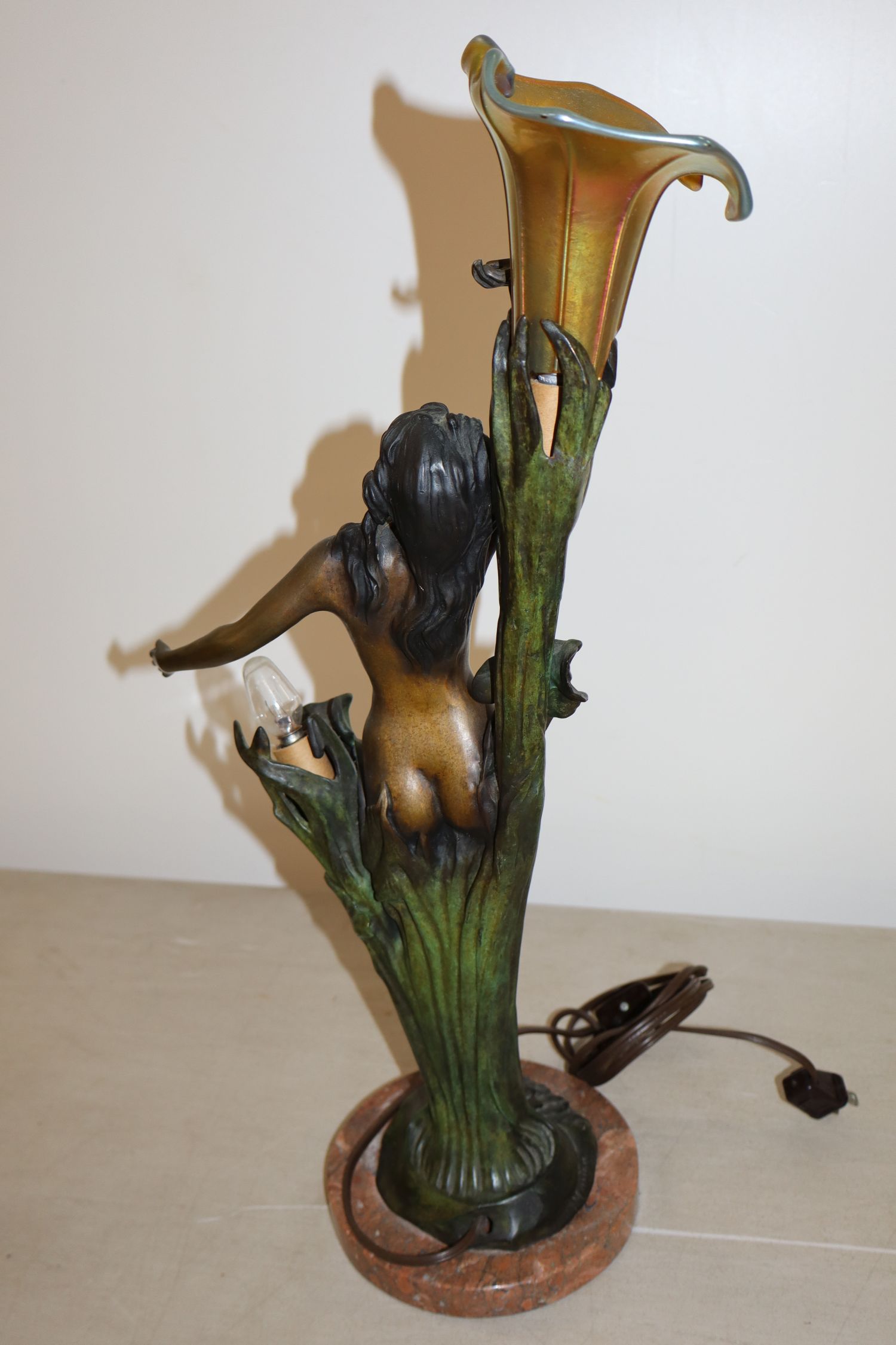 Antq Art Nouveau Bronze Marble 2 Burner Lamp