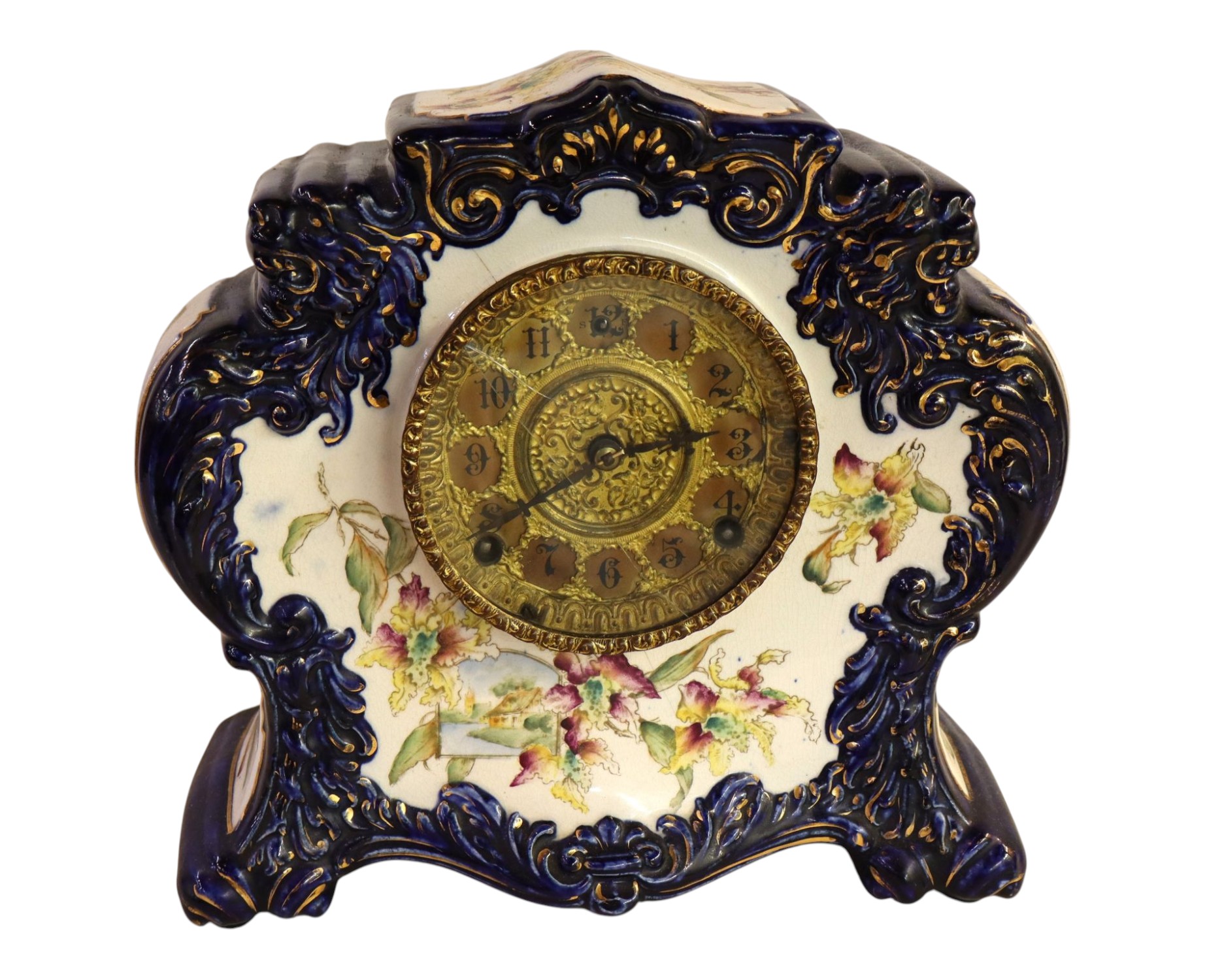 Antique porc mantle clock hand painted glaze no. 411